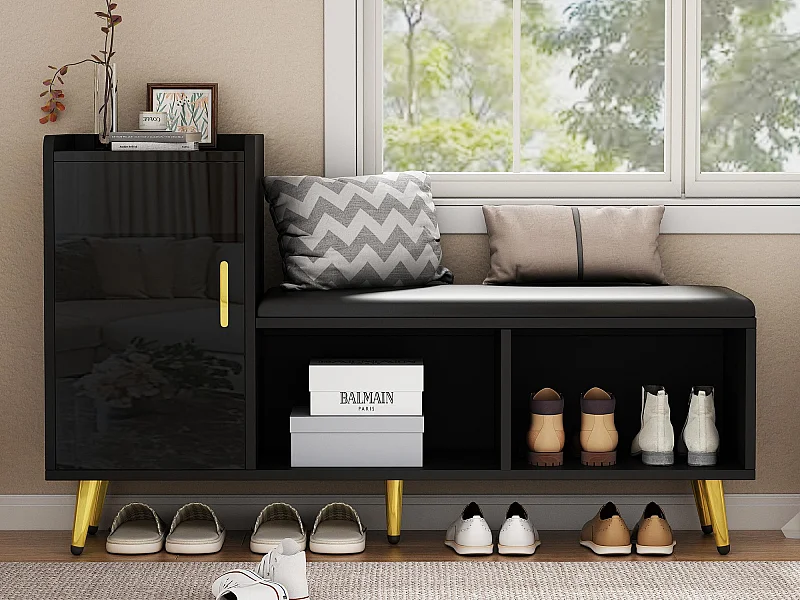 Meuble à chaussures - avec assise rembourrée - avec 1 porte - avec compartiments de rangement - Noir