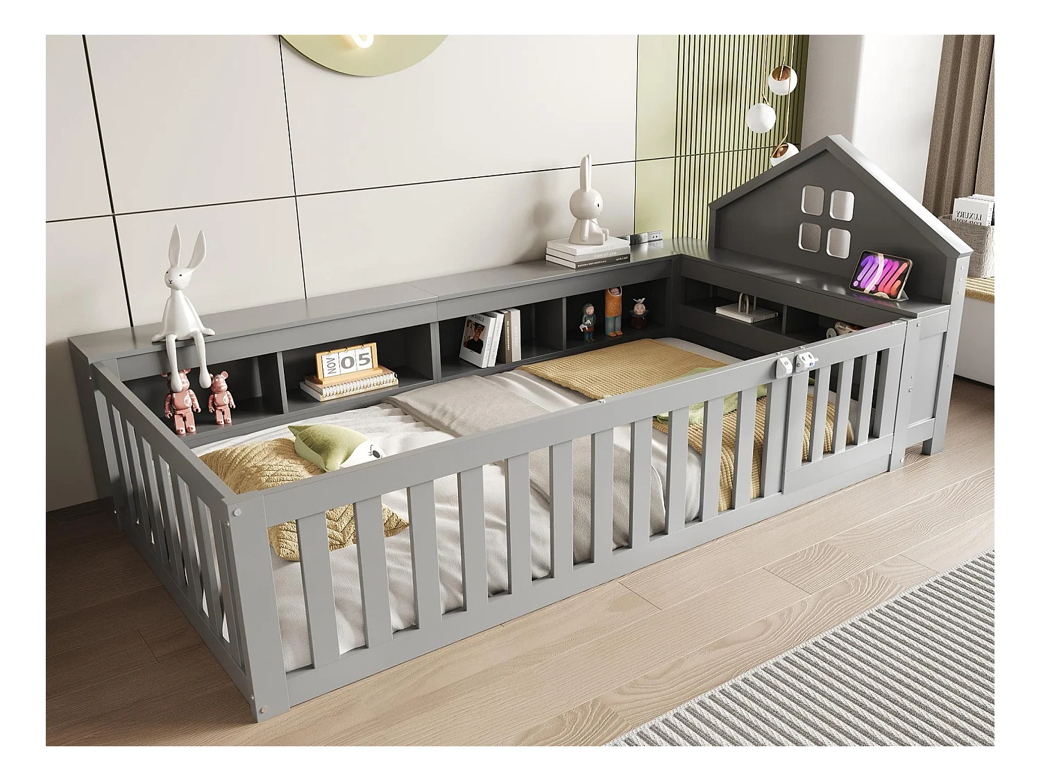 Lit bébé 90x200cm - avec rangement - avec porte - avec sommier à lattes - gris (matelas non inclus)