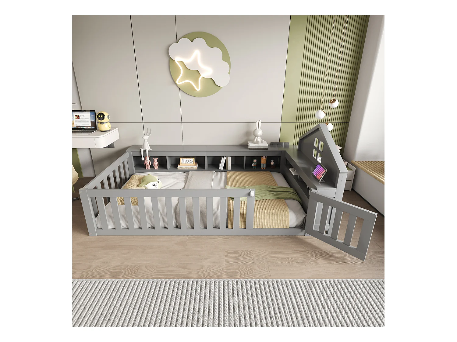 Lit bébé 90x200cm - avec rangement - avec porte - avec sommier à lattes - gris (matelas non inclus)