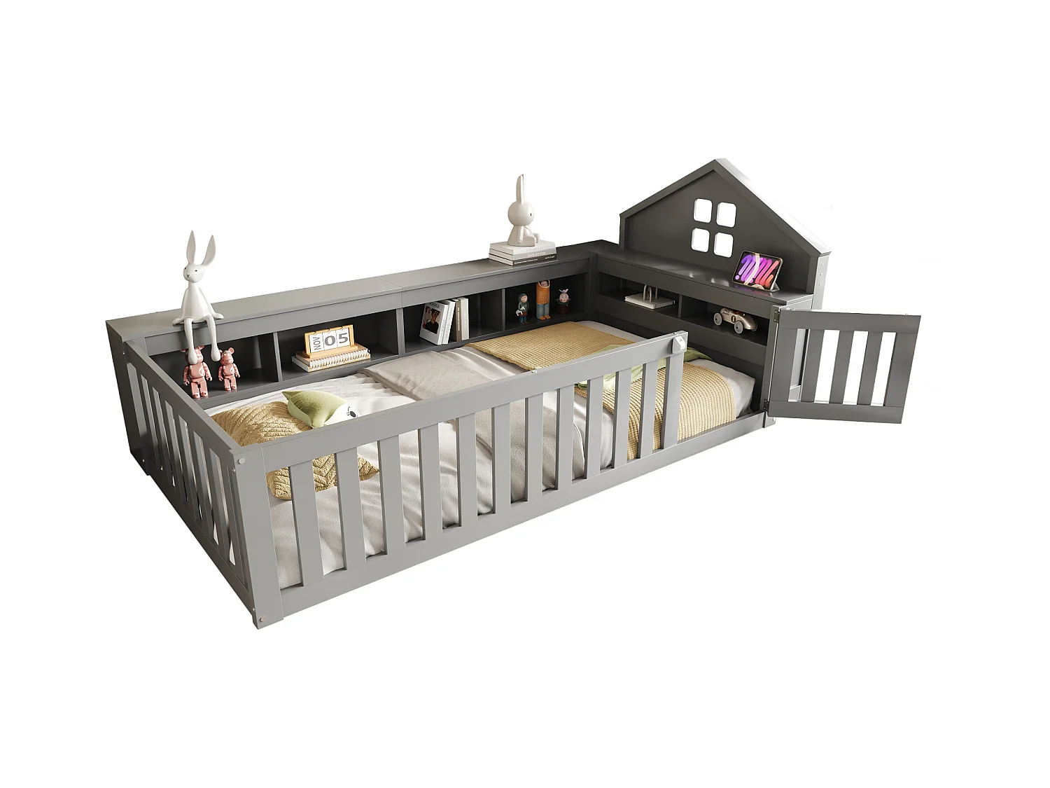 Lit bébé 90x200cm - avec rangement - avec porte - avec sommier à lattes - gris (matelas non inclus)