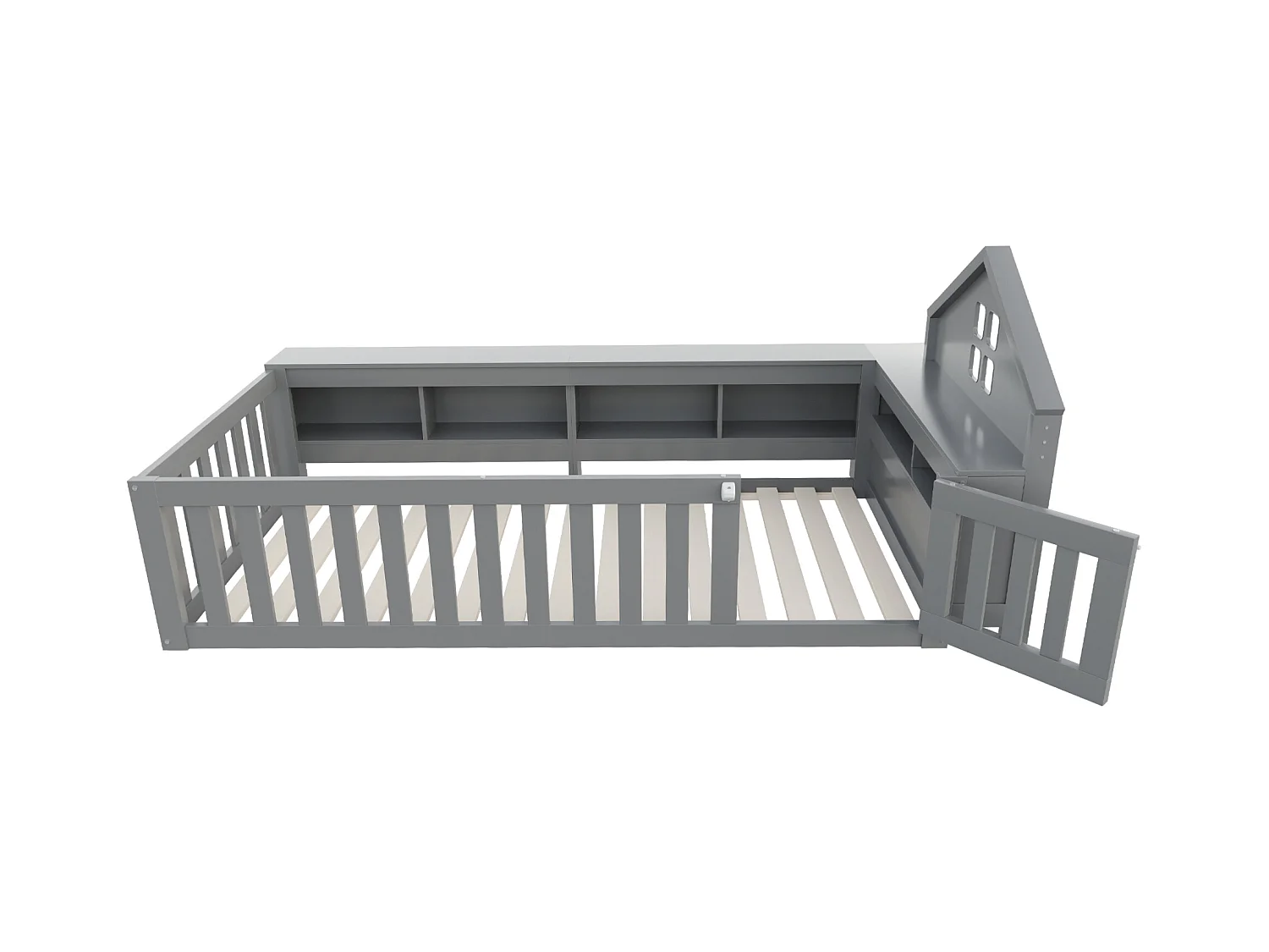 Lit bébé 90x200cm - avec rangement - avec porte - avec sommier à lattes - gris (matelas non inclus)