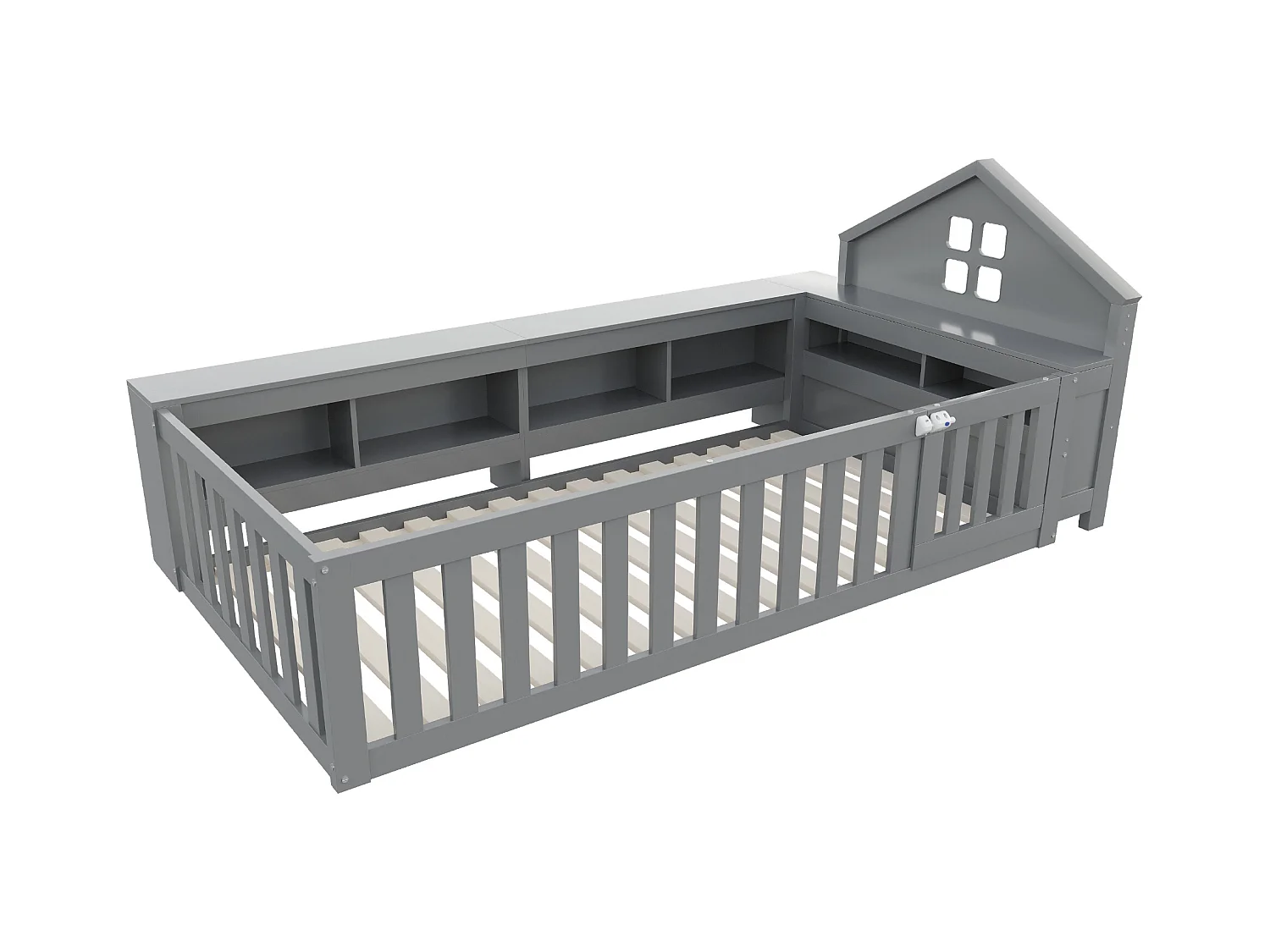 Lit bébé 90x200cm - avec rangement - avec porte - avec sommier à lattes - gris (matelas non inclus)