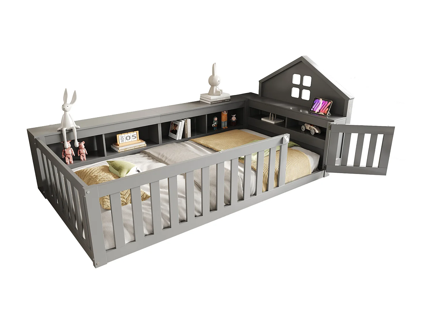 Lit bébé 90x200cm - avec rangement - avec porte - avec sommier à lattes - gris (matelas non inclus)