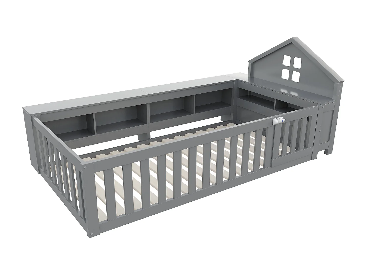 Lit bébé 90x200cm - avec rangement - avec porte - avec sommier à lattes - gris (matelas non inclus)