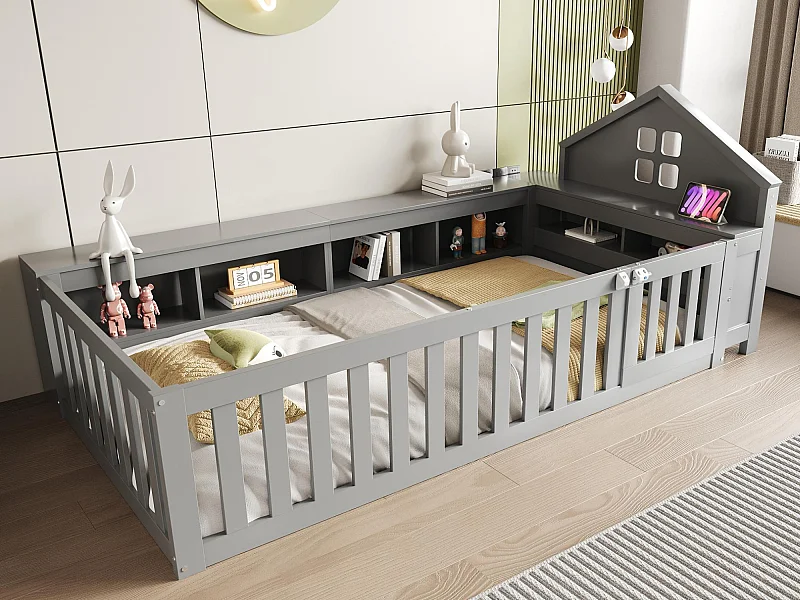 Kinderbed 90x200 cm - met opbergruimte - met deurtje - met lattenbodem - grijs (zonder matras)