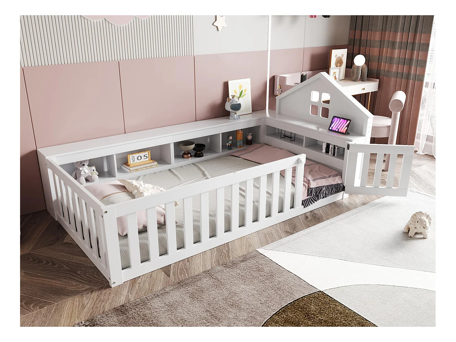 Lit bébé 90x200cm - avec rangement - avec porte - avec sommier à lattes - blanc (matelas non inclus)