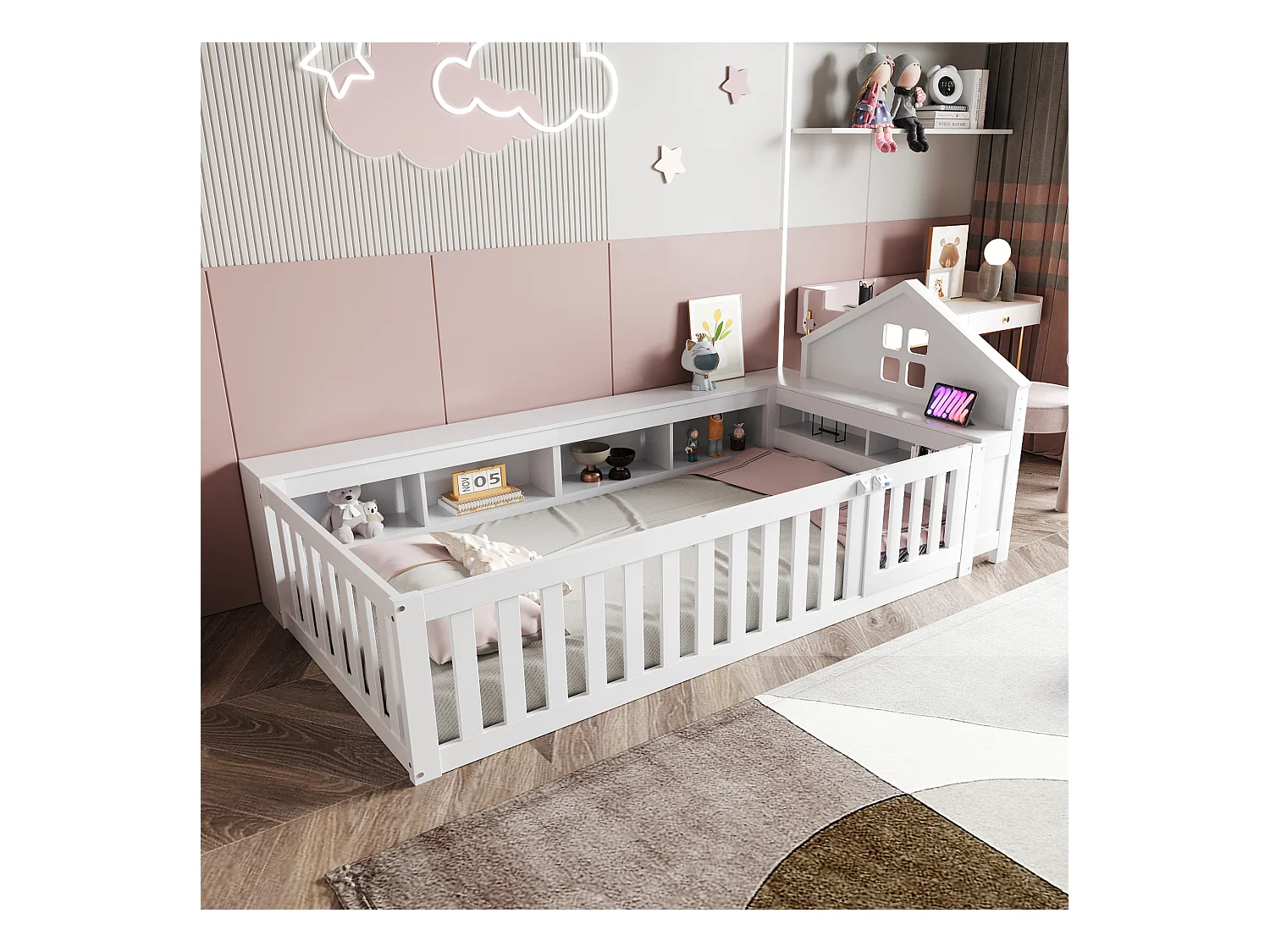 Lit bébé 90x200cm - avec rangement - avec porte - avec sommier à lattes - blanc (matelas non inclus)