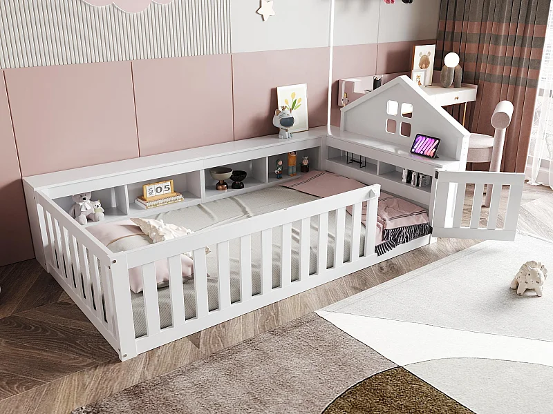 Kinderbed 90x200 cm - met opbergruimte - met deurtje - met lattenbodem - wit (zonder matras)