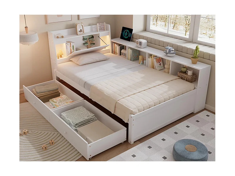 Lit simple 90x200cm - avec 2 tiroirs - avec USB et prise - rangements en tête et sur les côtés du lit - Blanc