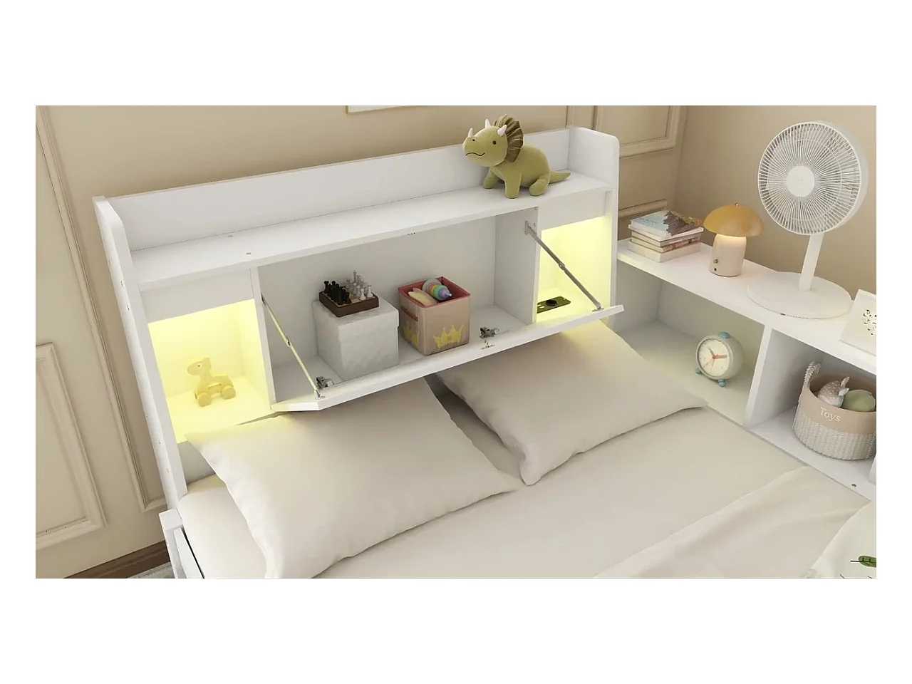 Lit simple 90x200cm - avec 2 tiroirs - avec USB et prise - rangements en tête et sur les côtés du lit - Blanc