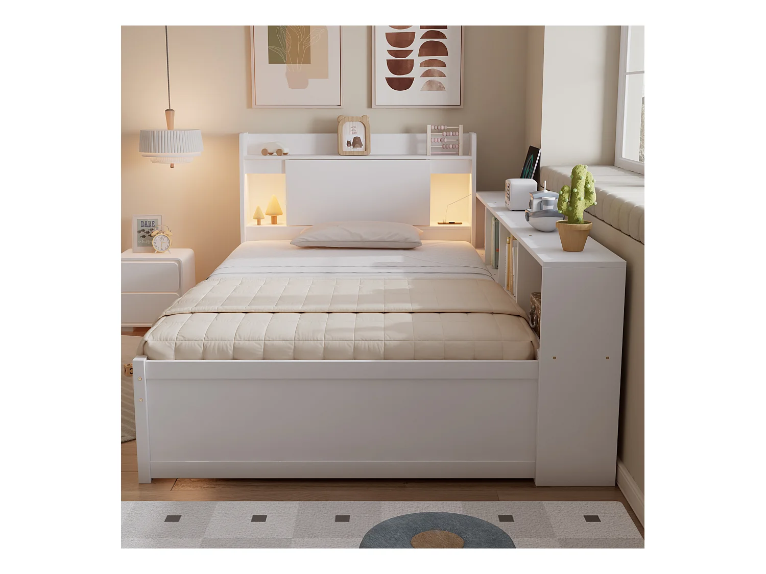 Lit simple 90x200cm - avec 2 tiroirs - avec USB et prise - rangements en tête et sur les côtés du lit - Blanc