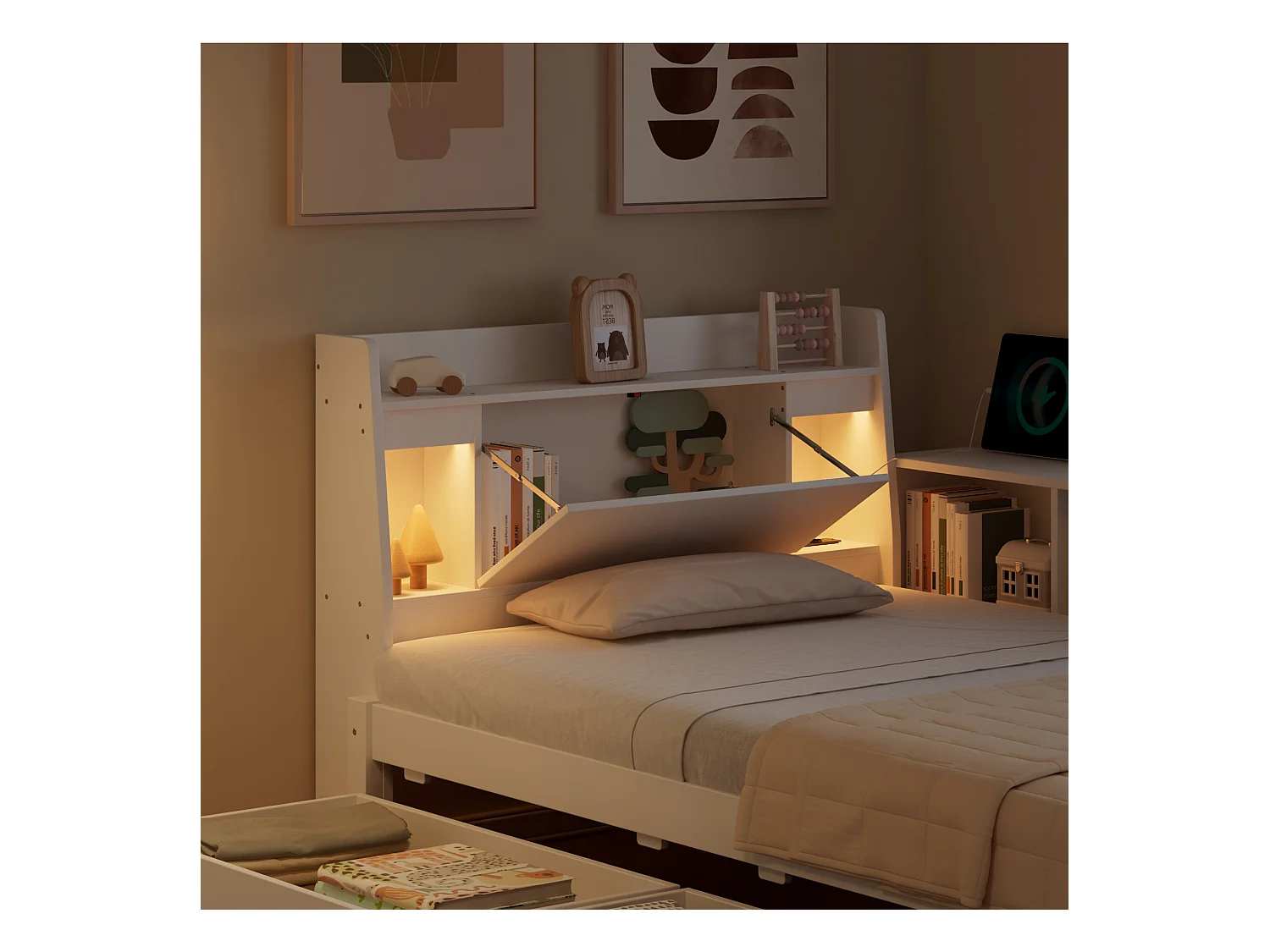 Lit simple 90x200cm - avec 2 tiroirs - avec USB et prise - rangements en tête et sur les côtés du lit - Blanc