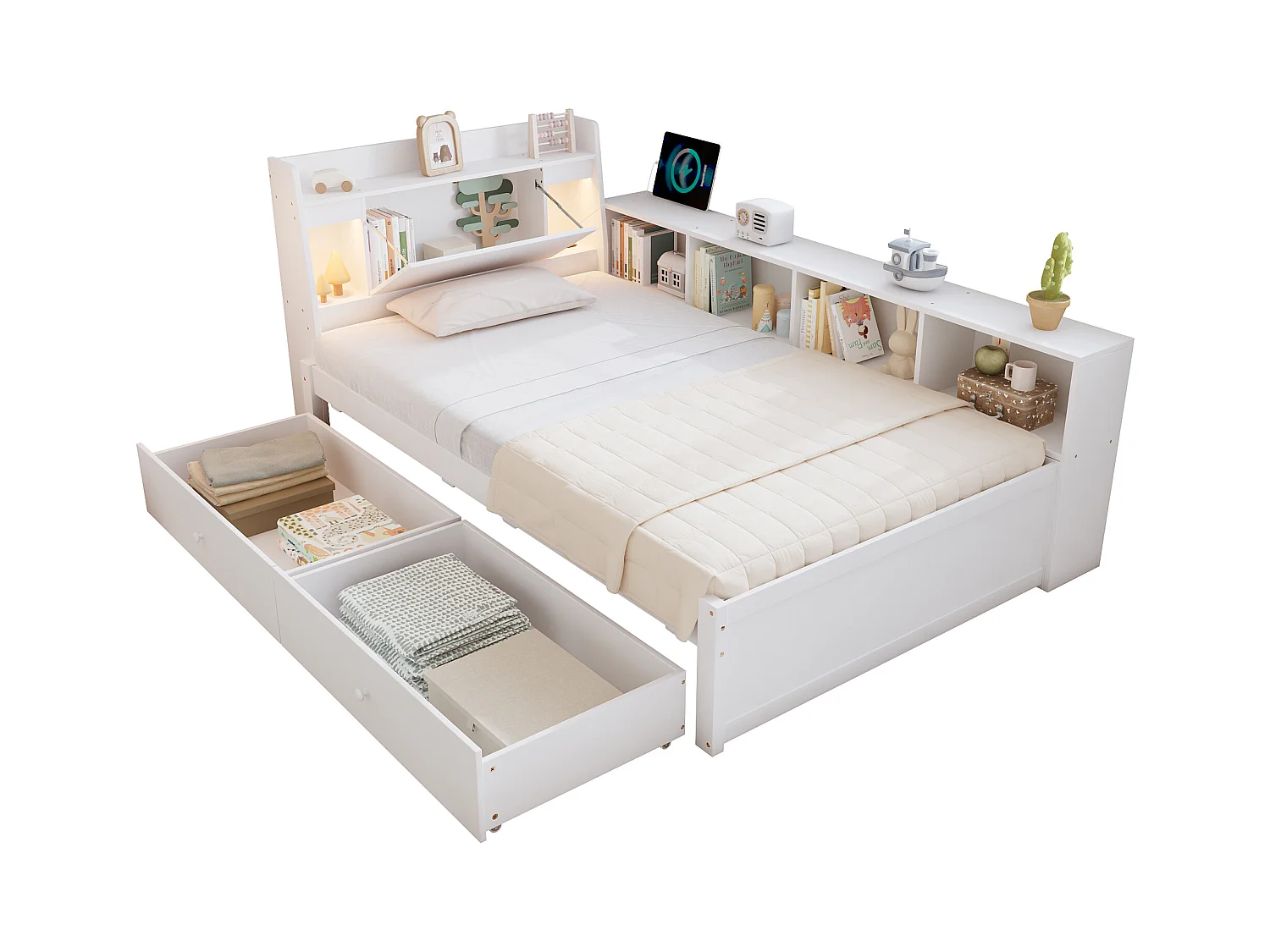 Lit simple 90x200cm - avec 2 tiroirs - avec USB et prise - rangements en tête et sur les côtés du lit - Blanc