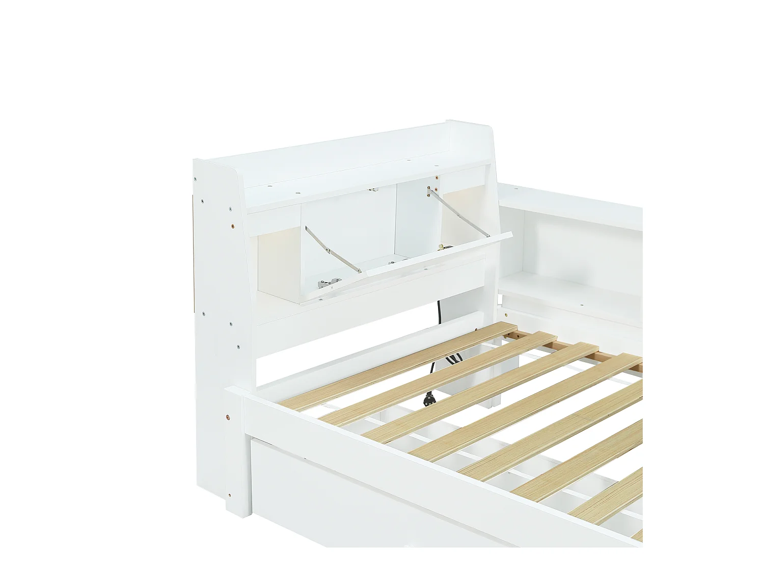 Lit simple 90x200cm - avec 2 tiroirs - avec USB et prise - rangements en tête et sur les côtés du lit - Blanc