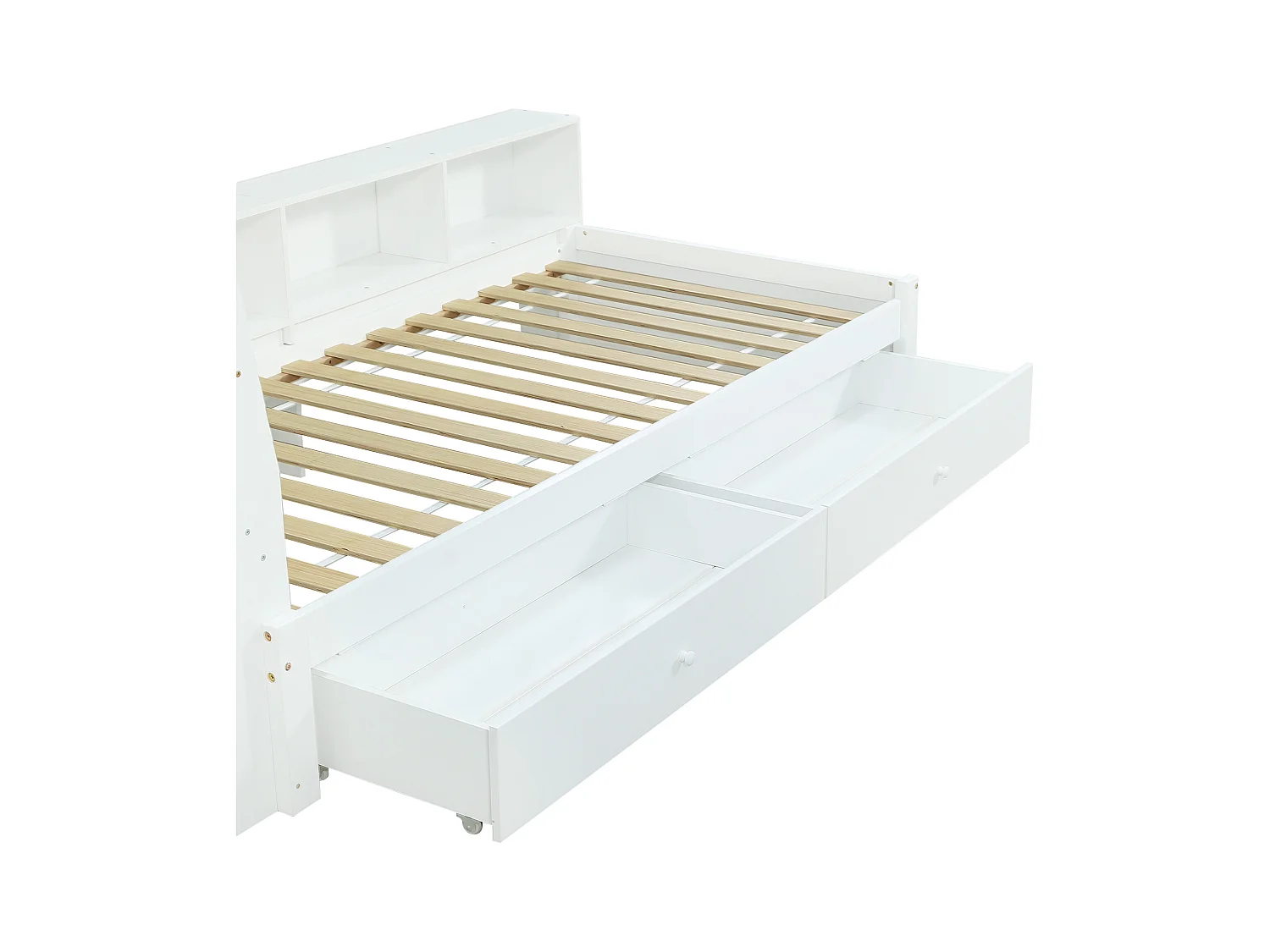 Lit simple 90x200cm - avec 2 tiroirs - avec USB et prise - rangements en tête et sur les côtés du lit - Blanc