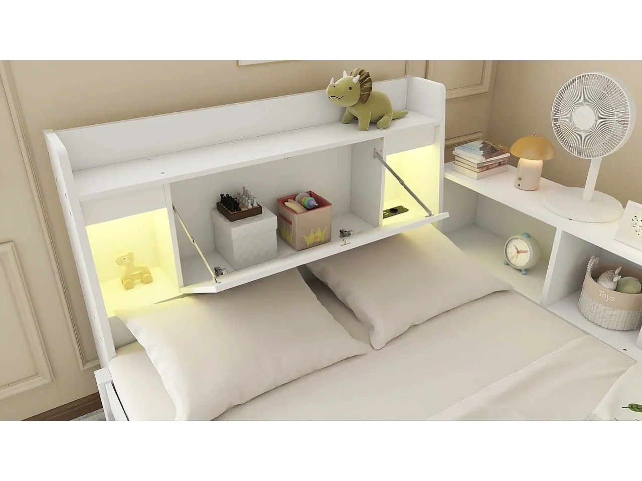 Lit simple 90x200cm - avec 2 tiroirs - avec USB et prise - rangements en tête et sur les côtés du lit - Blanc