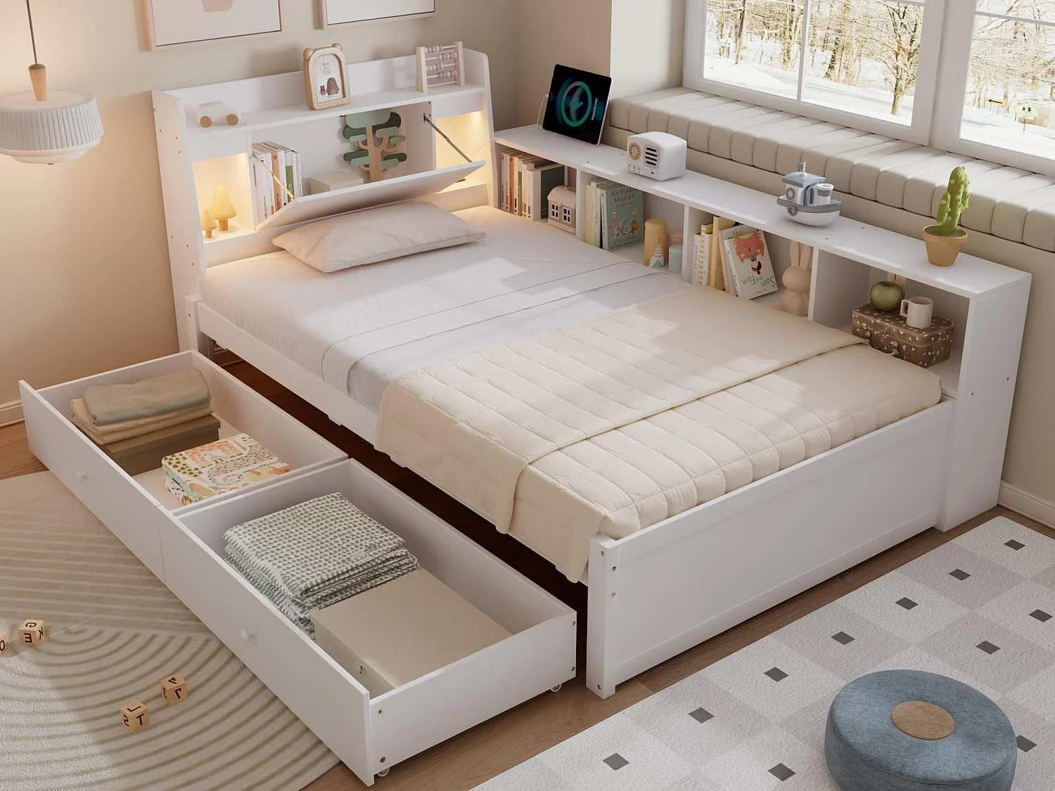 Lit simple 90x200cm - avec 2 tiroirs - avec USB et prise - rangements en tête et sur les côtés du lit - Blanc