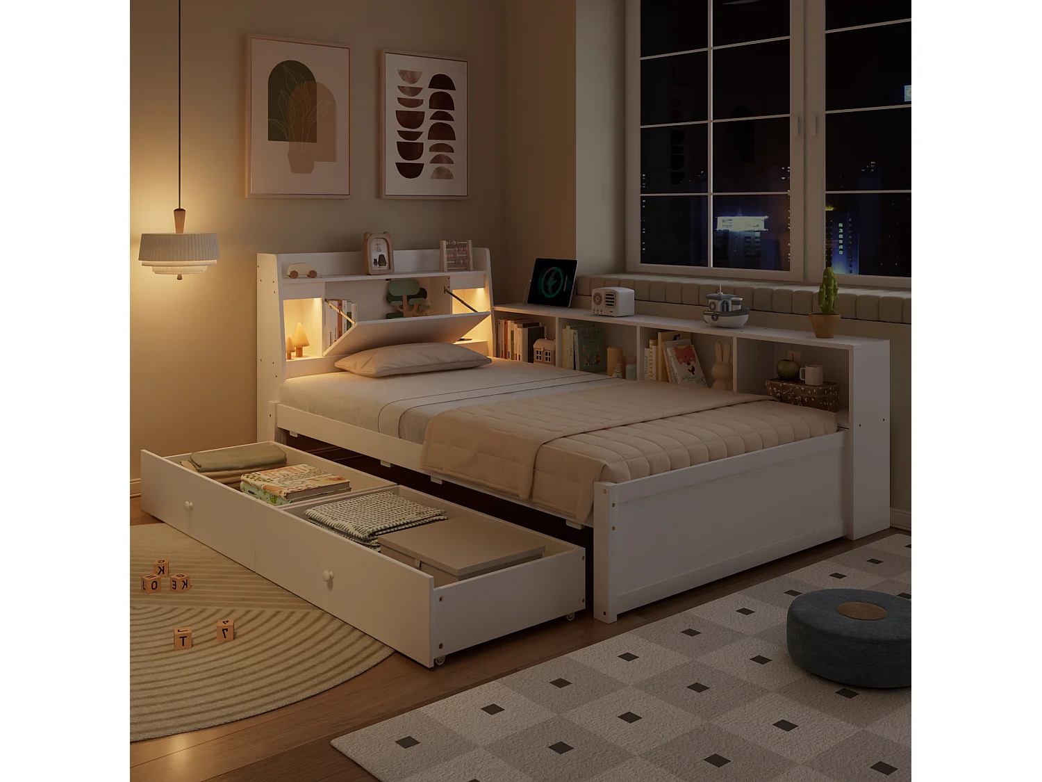 Lit simple 90x200cm - avec 2 tiroirs - avec USB et prise - rangements en tête et sur les côtés du lit - Blanc