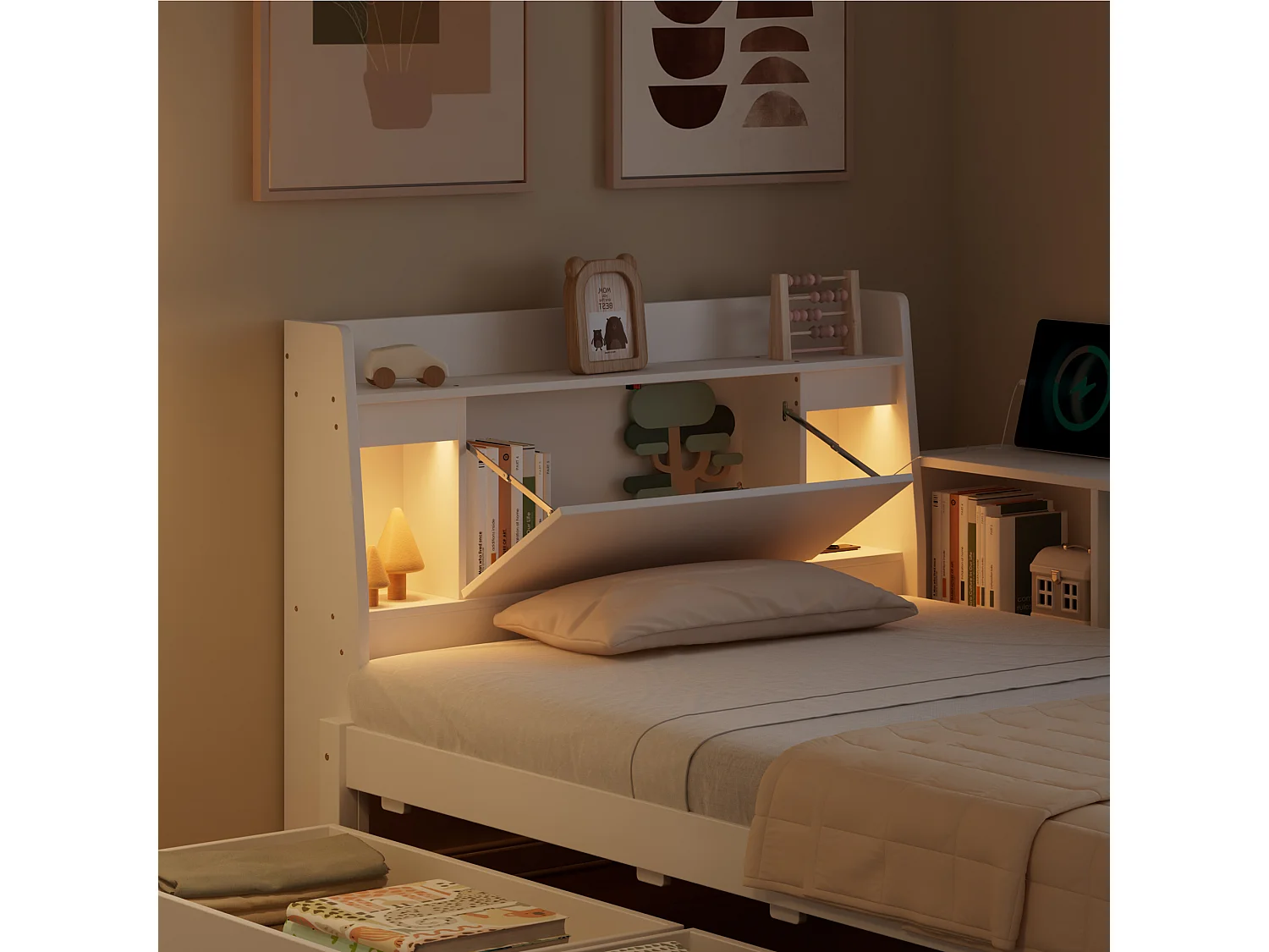 Lit simple 90x200cm - avec 2 tiroirs - avec USB et prise - rangements en tête et sur les côtés du lit - Blanc