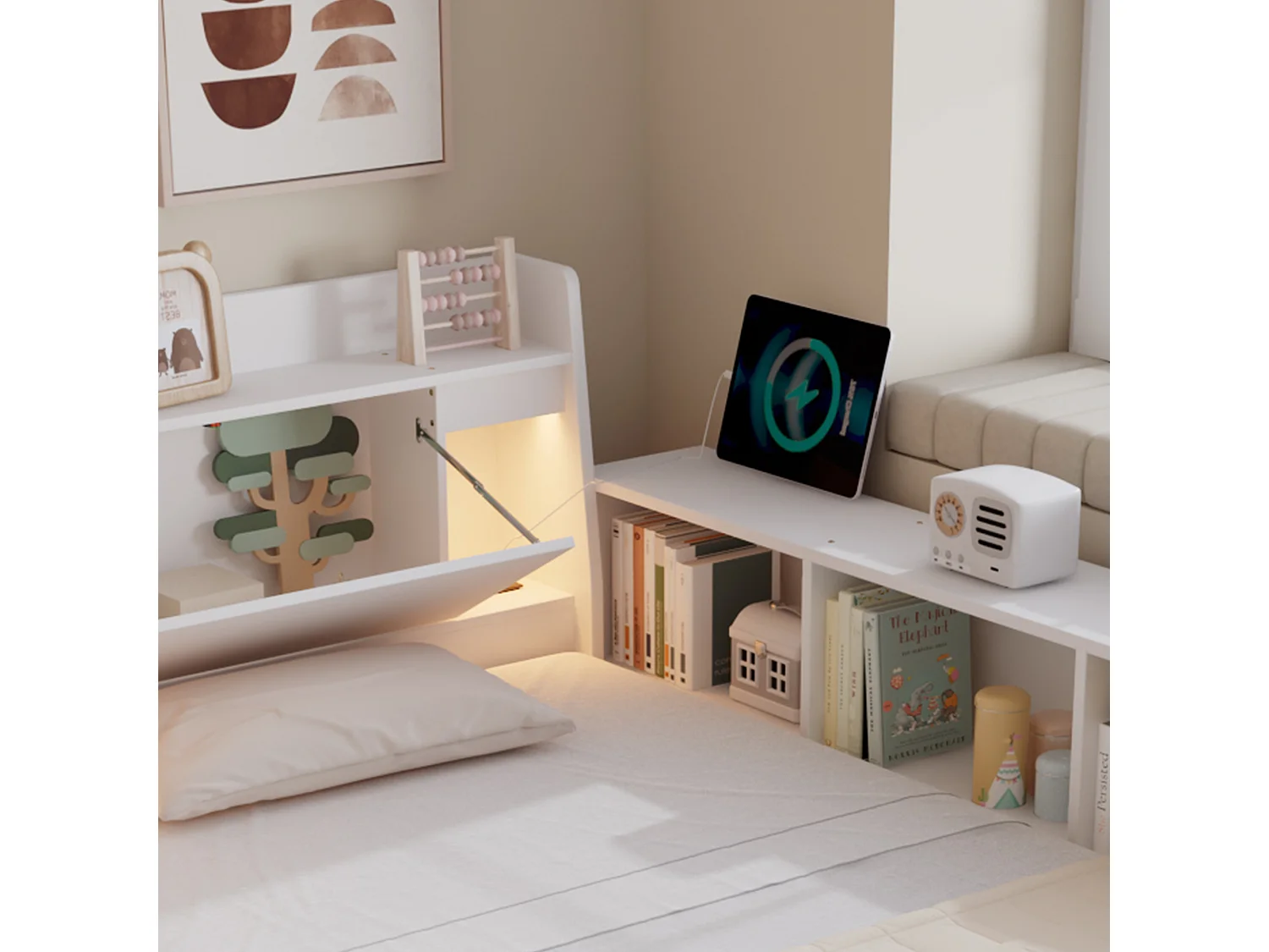 Lit simple 90x200cm - avec 2 tiroirs - avec USB et prise - rangements en tête et sur les côtés du lit - Blanc