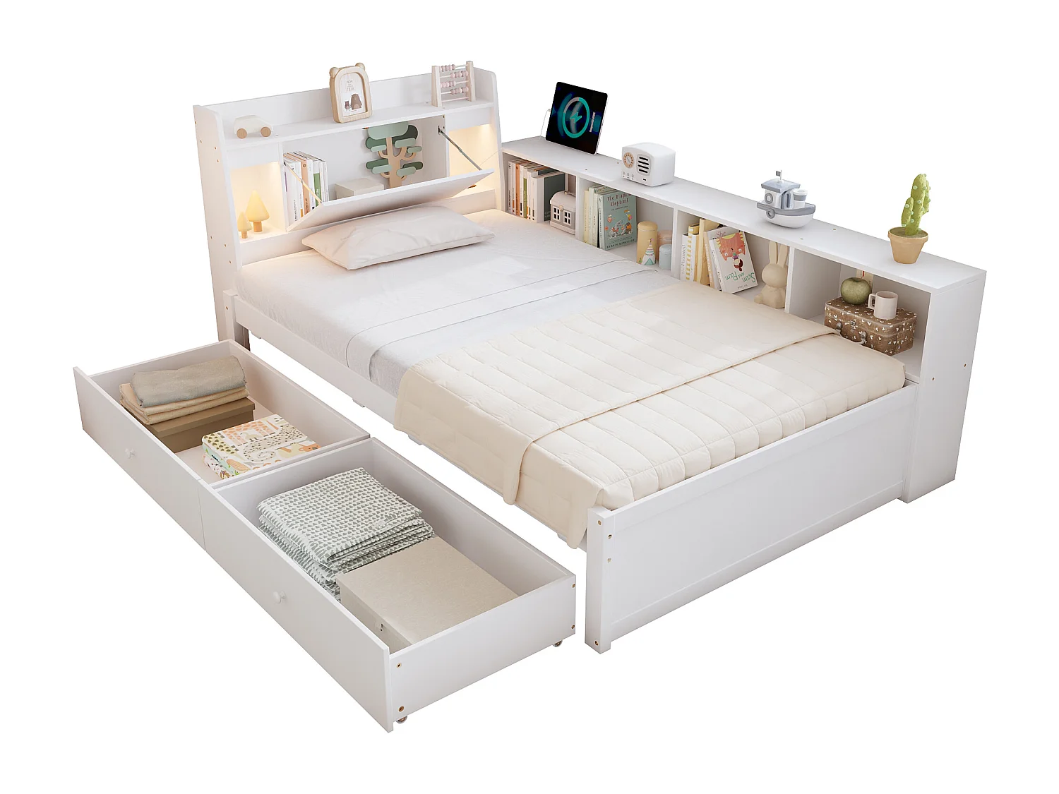Lit simple 90x200cm - avec 2 tiroirs - avec USB et prise - rangements en tête et sur les côtés du lit - Blanc