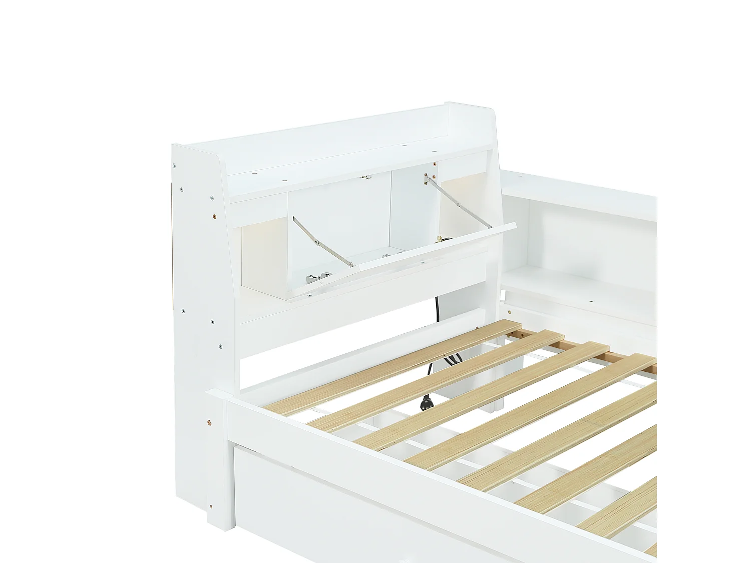 Lit simple 90x200cm - avec 2 tiroirs - avec USB et prise - rangements en tête et sur les côtés du lit - Blanc