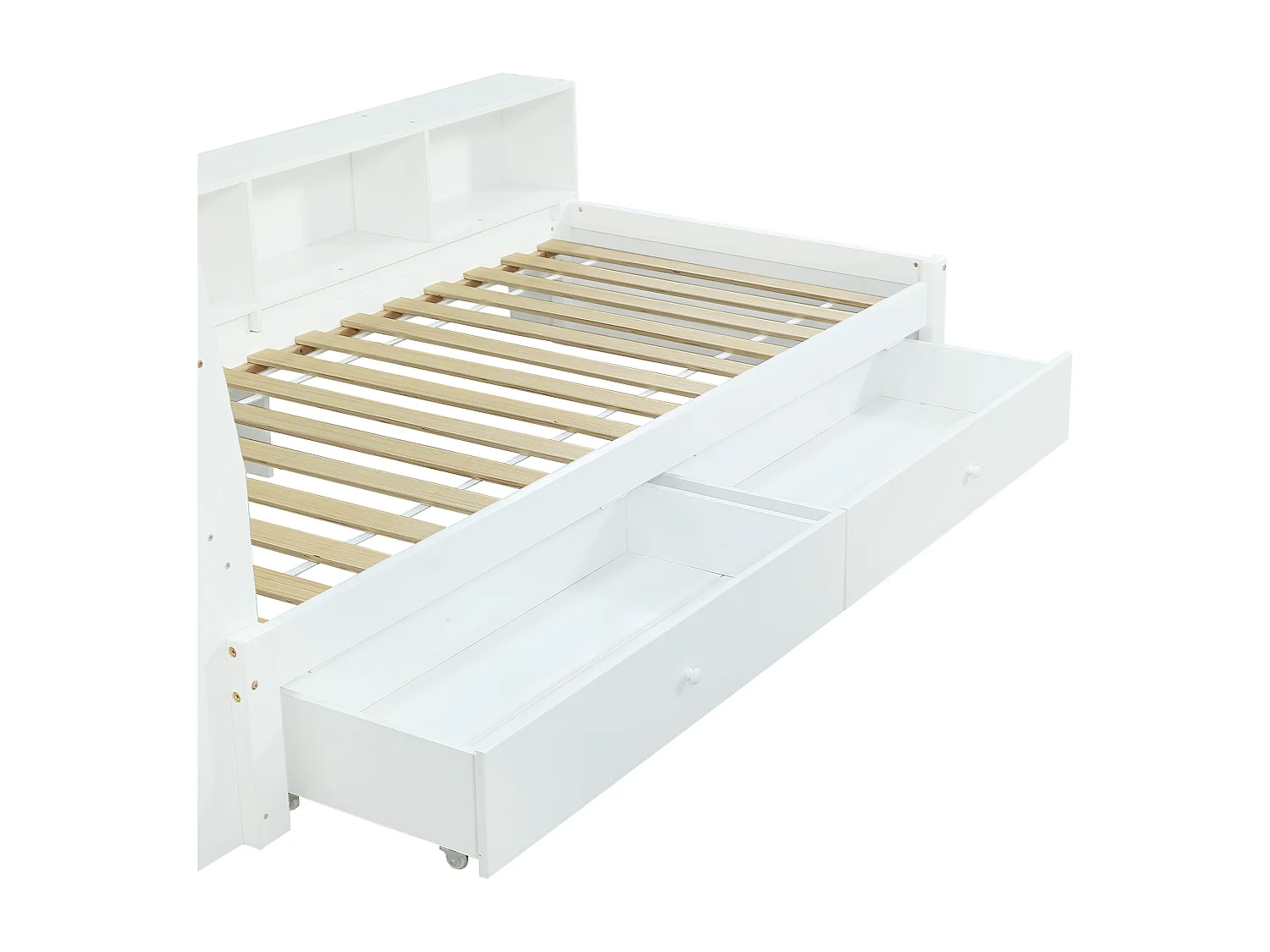 Lit simple 90x200cm - avec 2 tiroirs - avec USB et prise - rangements en tête et sur les côtés du lit - Blanc