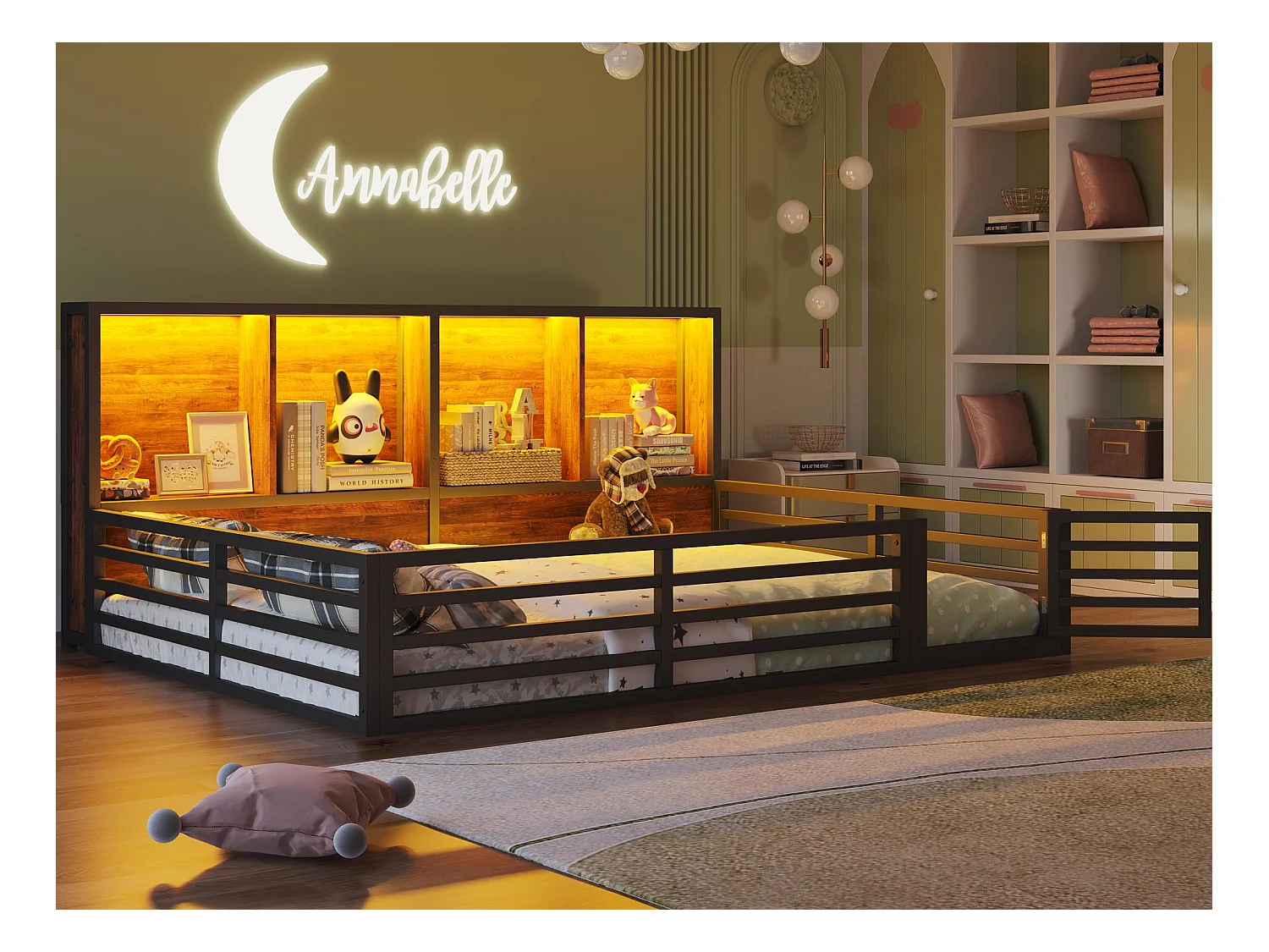 Lit enfant 140x200cm - avec rangement - sommier à lattes - noir (sans matelas)