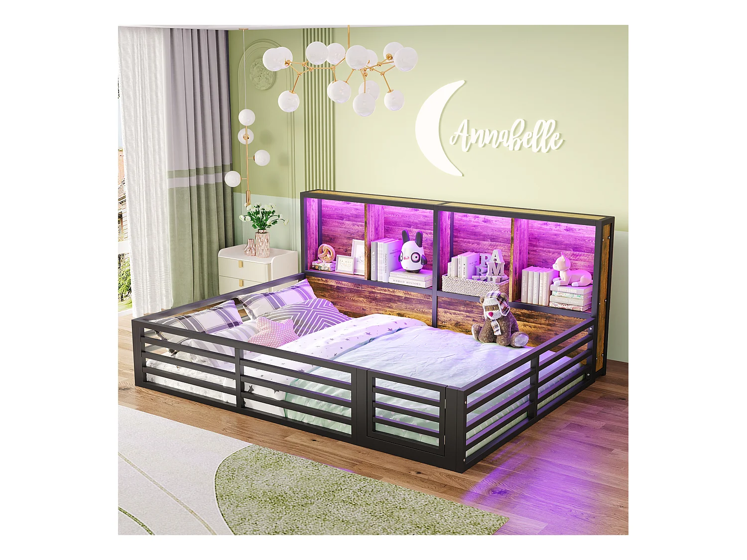 Lit enfant 140x200cm - avec rangement - sommier à lattes - noir (sans matelas)