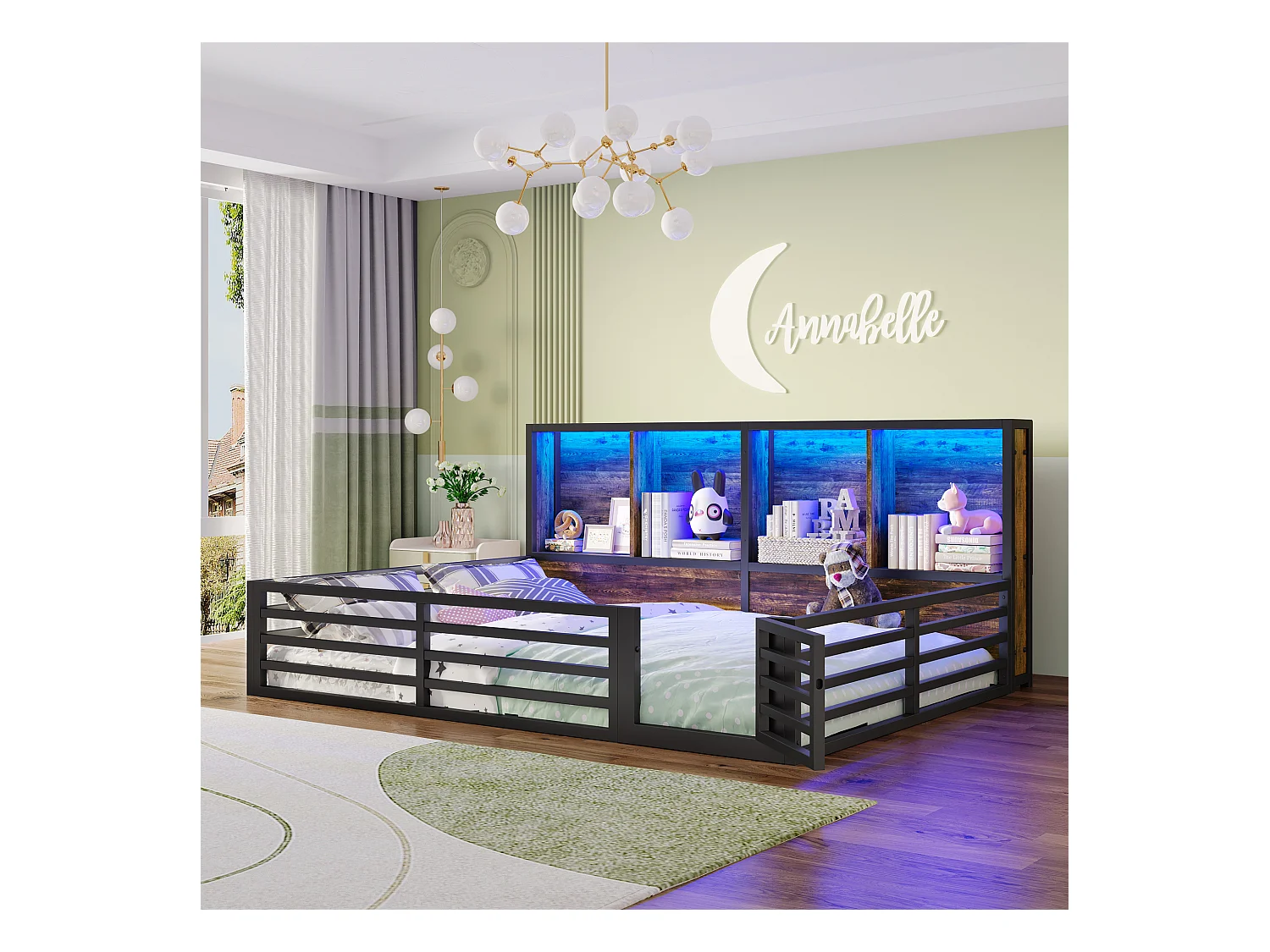 Lit enfant 140x200cm - avec rangement - sommier à lattes - noir (sans matelas)