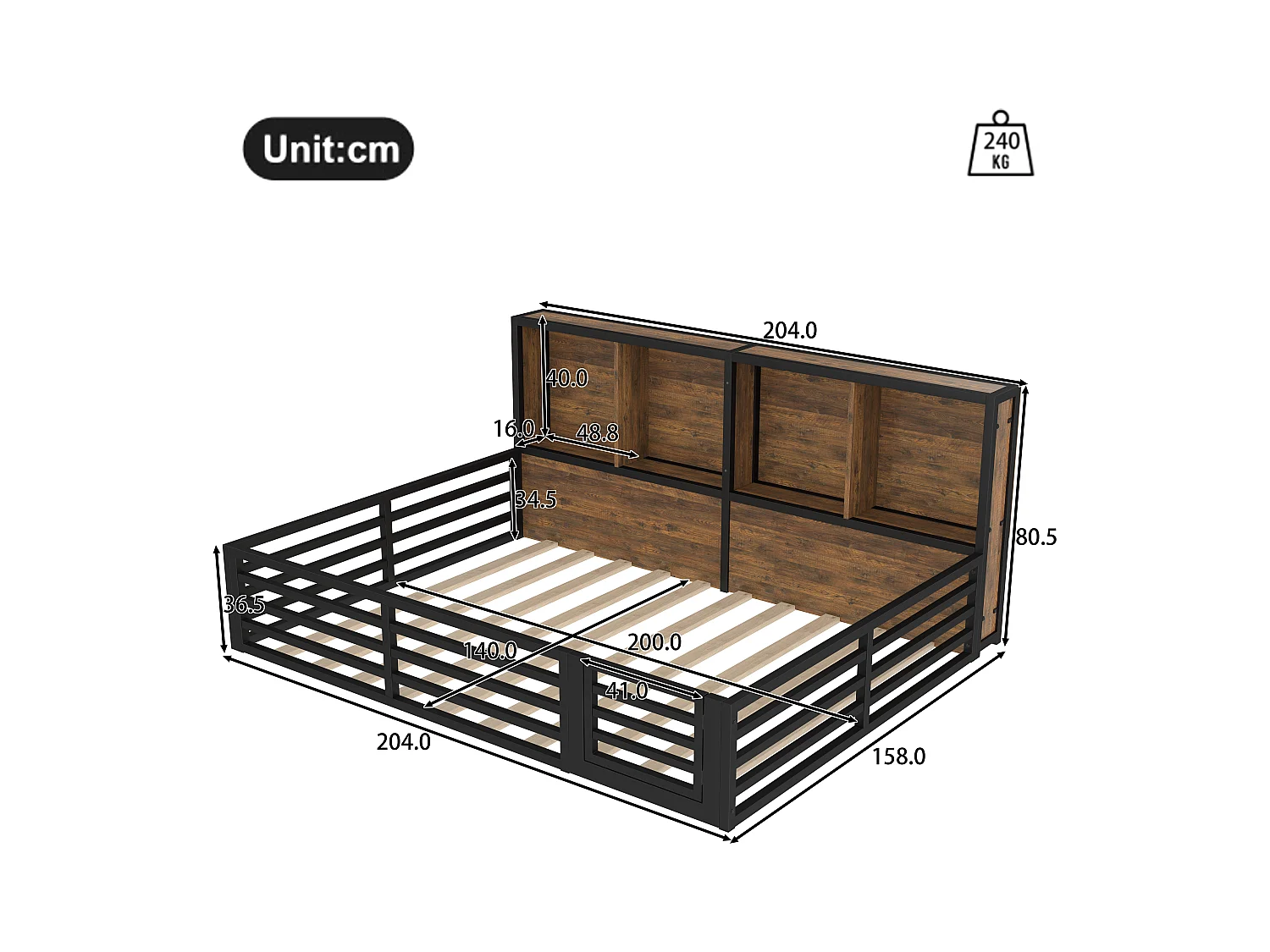 Lit enfant 140x200cm - avec rangement - sommier à lattes - noir (sans matelas)