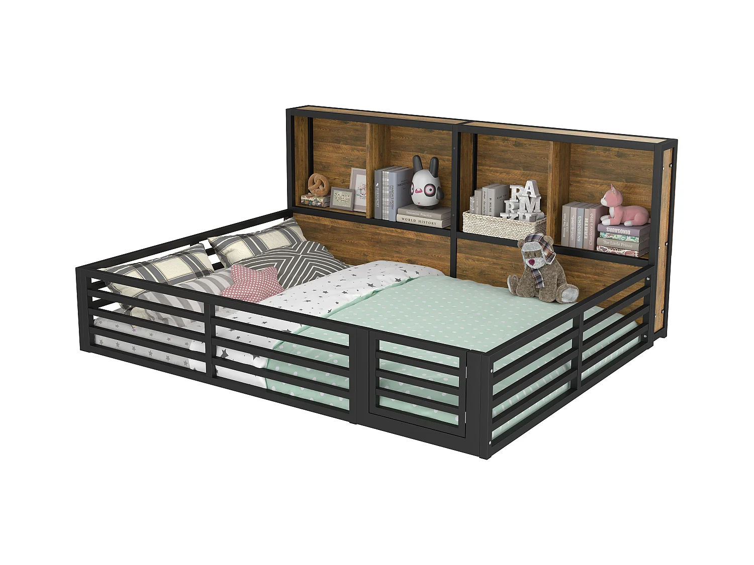 Lit enfant 140x200cm - avec rangement - sommier à lattes - noir (sans matelas)