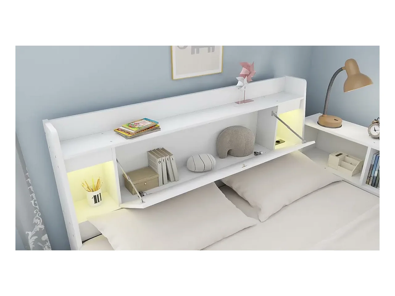 Lit double 140x200cm - avec 2 tiroirs - avec USB et prise - rangements en tête et sur les côtés du lit - Blanc