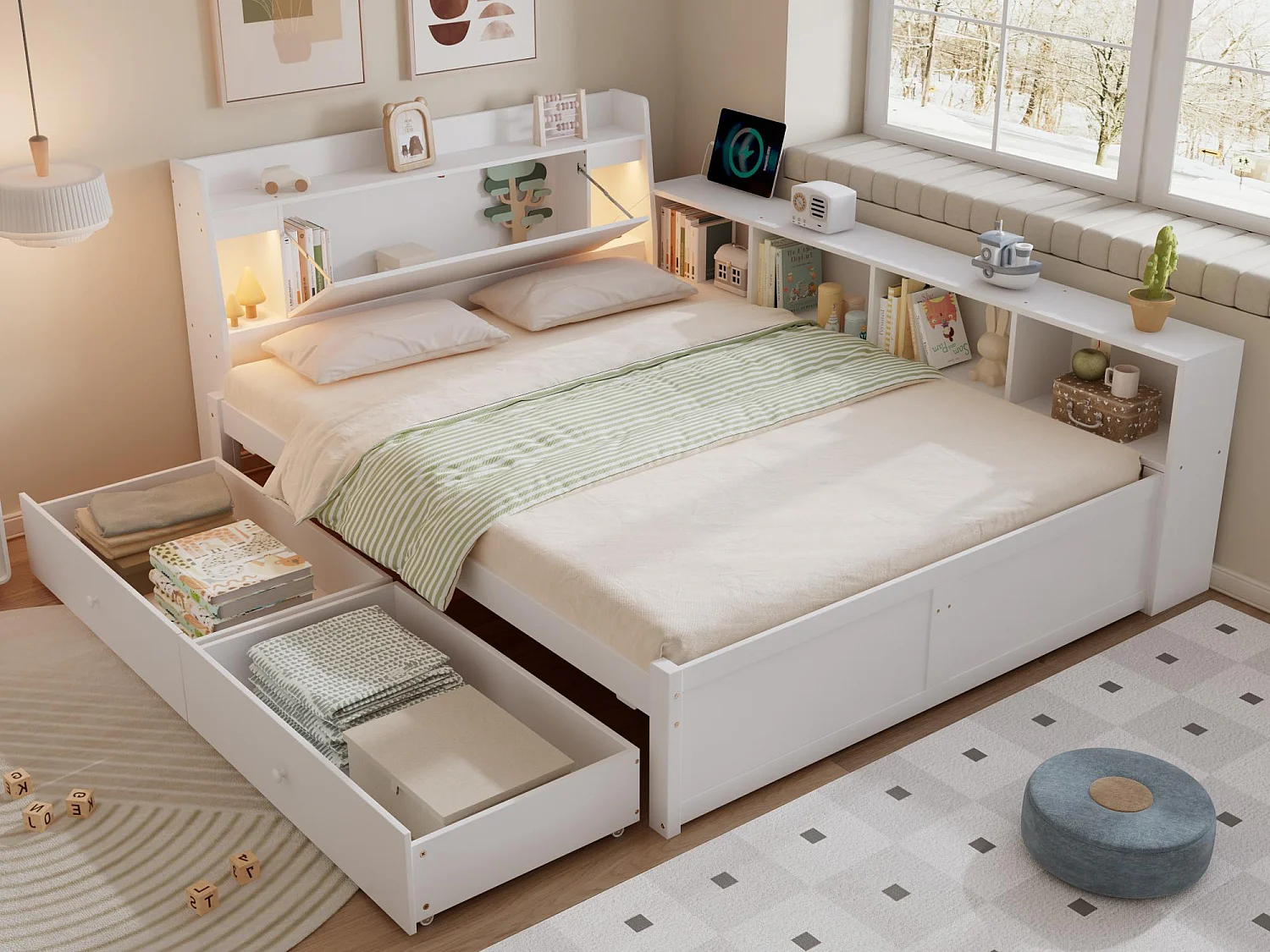 Eenvoudig bed 140x200 cm - met 2 lades - met USB en stopcontact - opbergruimte in hoofdeinde en zijkanten - wit