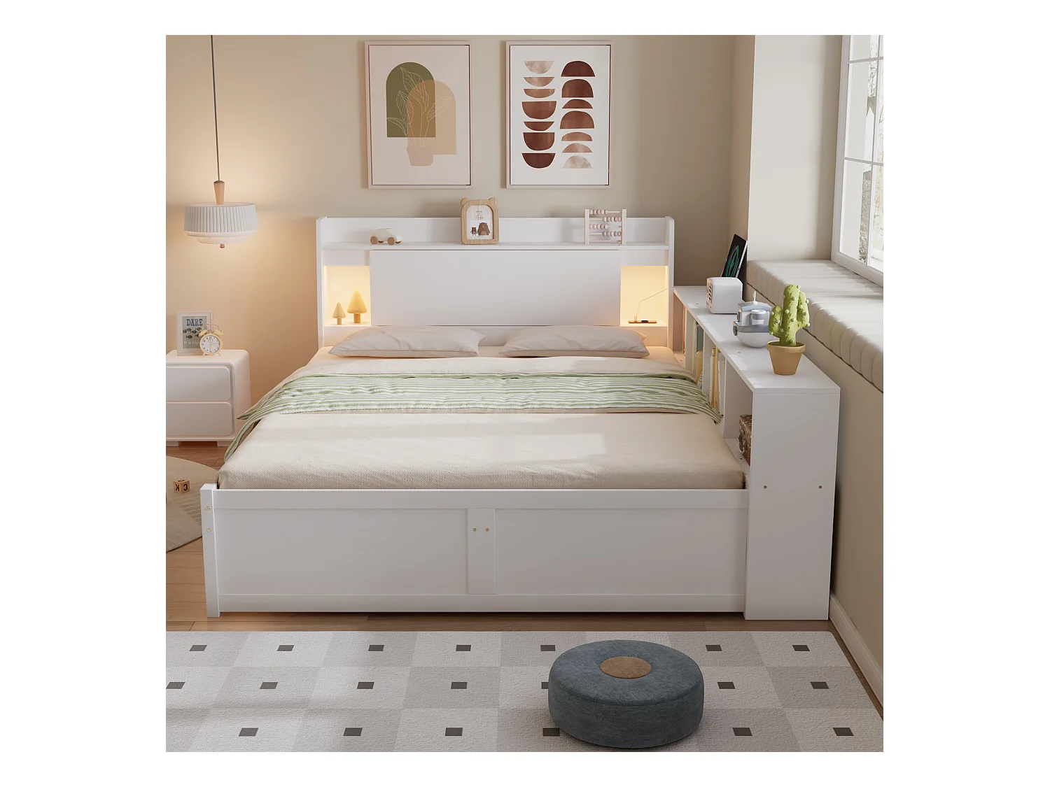 Eenvoudig bed 140x200 cm - met 2 lades - met USB en stopcontact - opbergruimte in hoofdeinde en zijkanten - wit