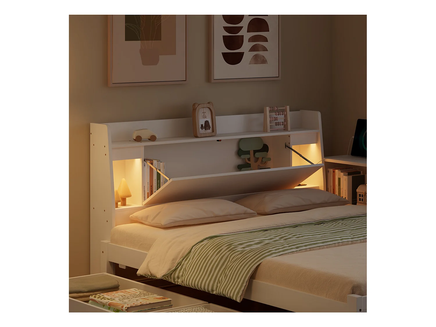 Eenvoudig bed 140x200 cm - met 2 lades - met USB en stopcontact - opbergruimte in hoofdeinde en zijkanten - wit