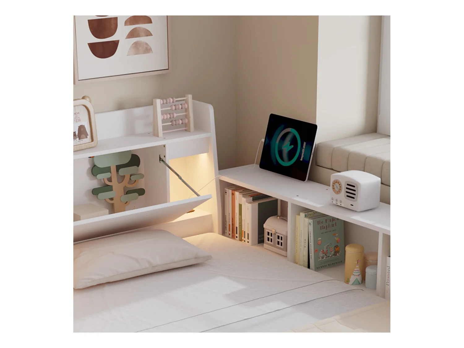 Eenvoudig bed 140x200 cm - met 2 lades - met USB en stopcontact - opbergruimte in hoofdeinde en zijkanten - wit