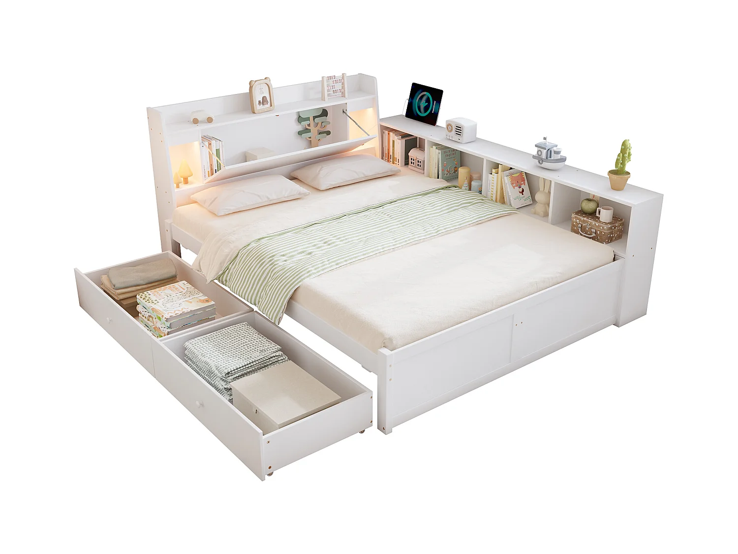 Eenvoudig bed 140x200 cm - met 2 lades - met USB en stopcontact - opbergruimte in hoofdeinde en zijkanten - wit