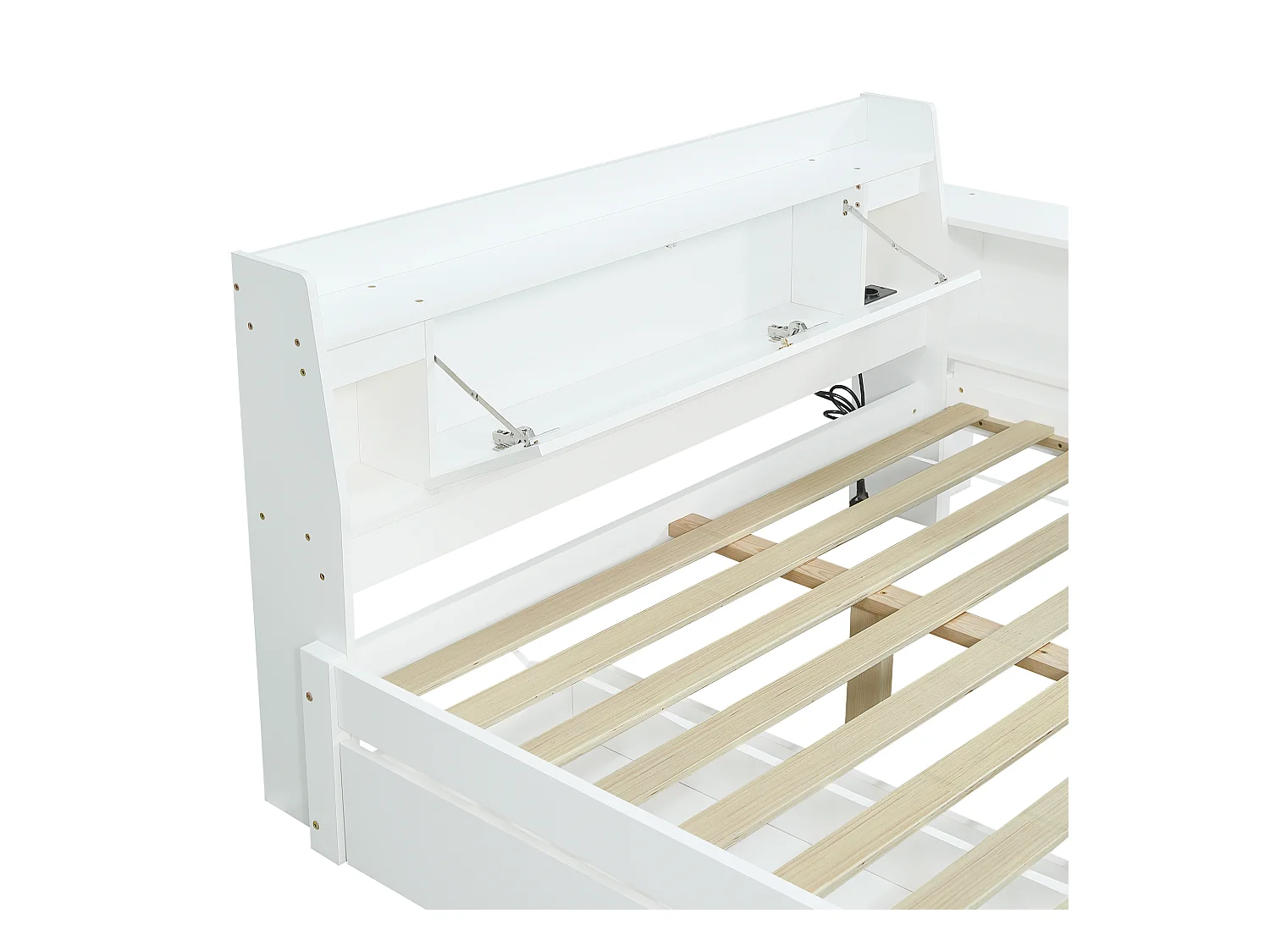 Eenvoudig bed 140x200 cm - met 2 lades - met USB en stopcontact - opbergruimte in hoofdeinde en zijkanten - wit