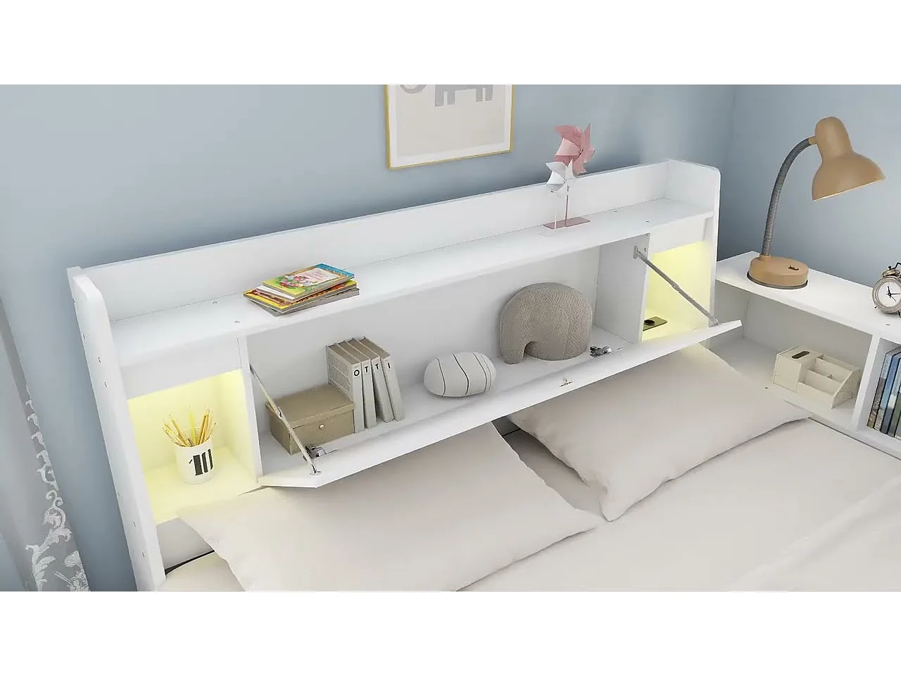 Lit double 140x200cm - avec 2 tiroirs - avec USB et prise - rangements en tête et sur les côtés du lit - Blanc