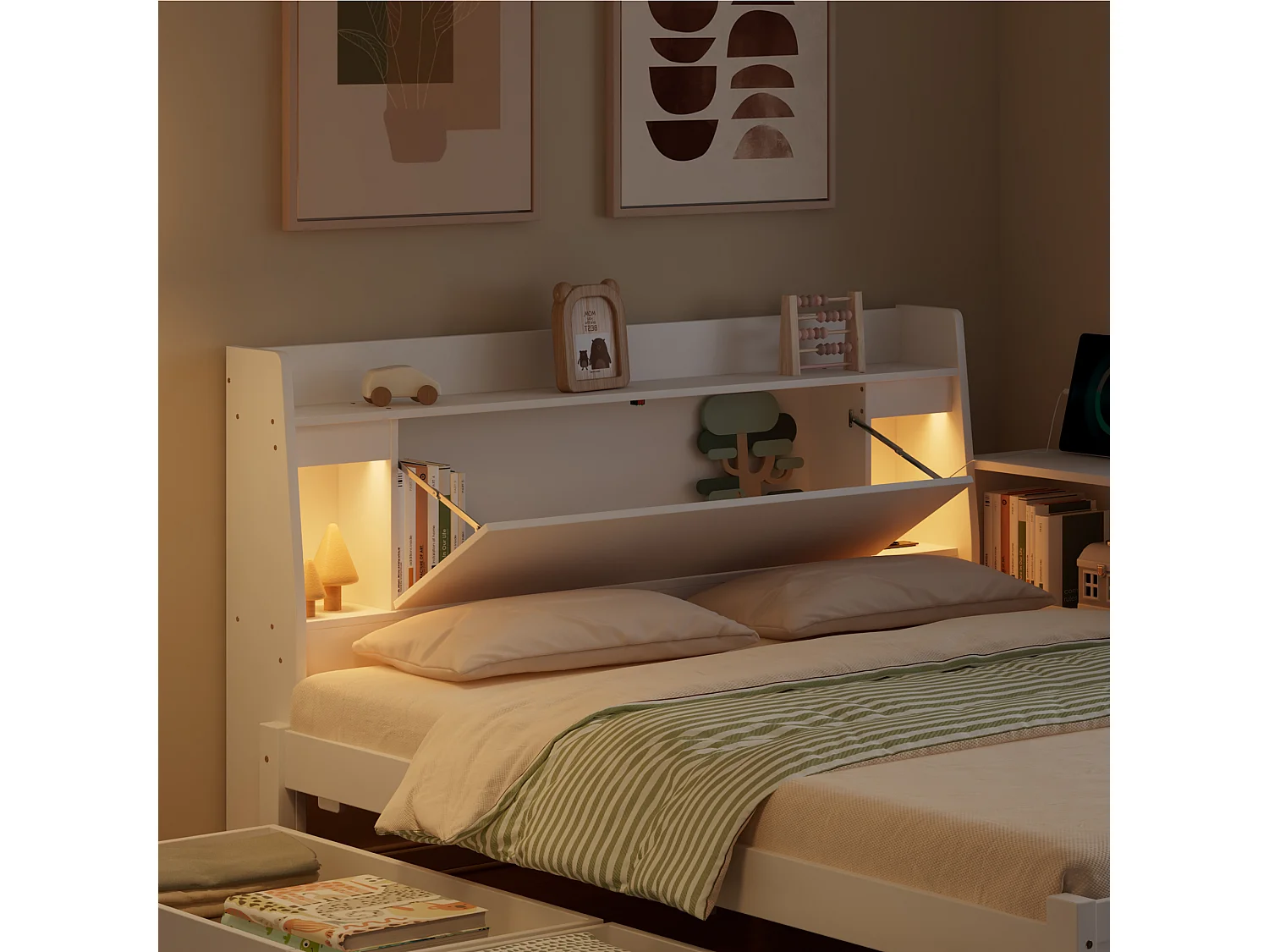 Lit double 140x200cm - avec 2 tiroirs - avec USB et prise - rangements en tête et sur les côtés du lit - Blanc