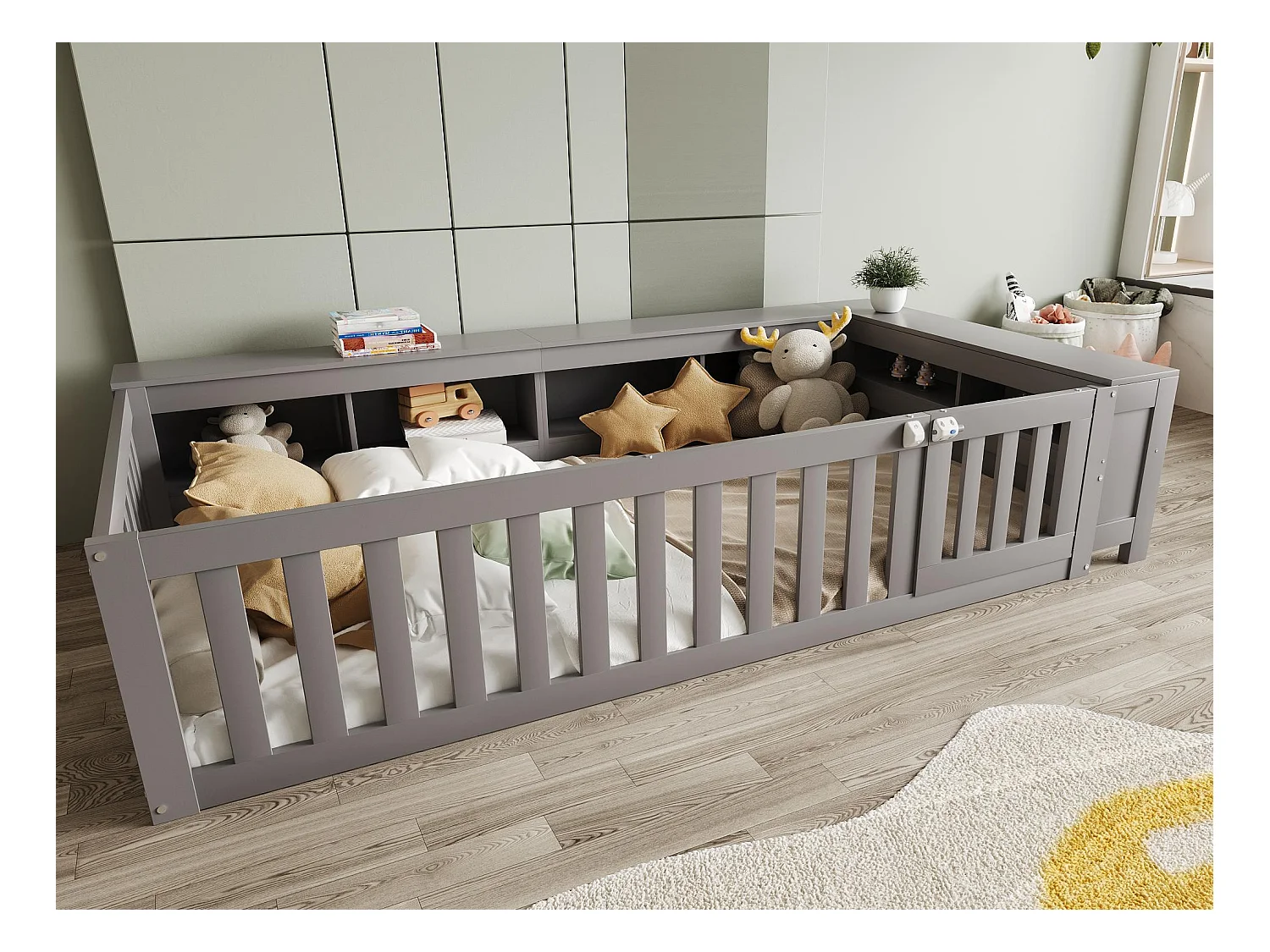 Lit bébé 90 x 200 cm - avec rangement - avec porte - avec sommier à lattes - gris (matelas non inclus)