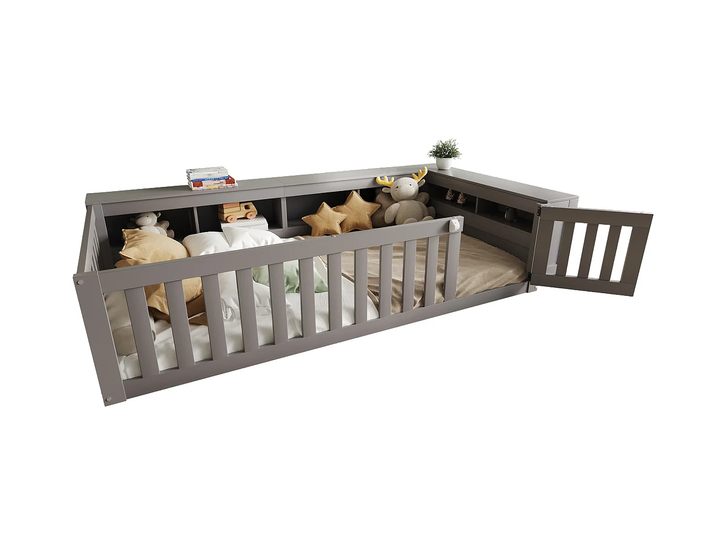 Lit bébé 90 x 200 cm - avec rangement - avec porte - avec sommier à lattes - gris (matelas non inclus)