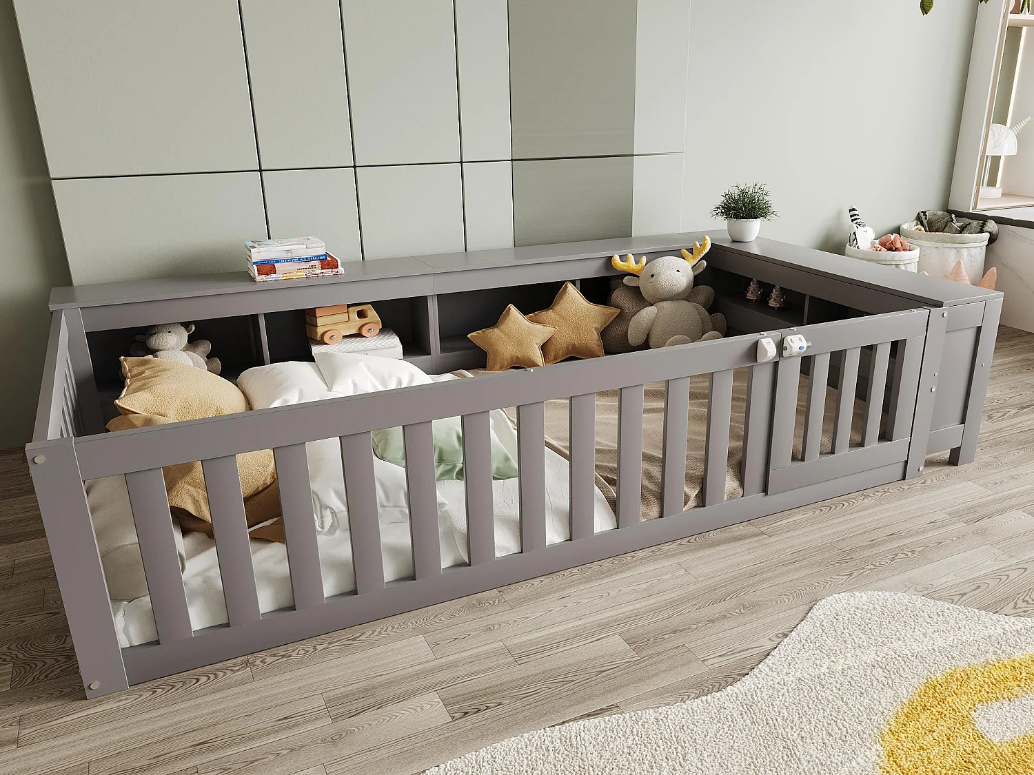 Kinderbed 90x200 cm - met opbergruimte - met deurtje - met lattenbodem - grijs (zonder matras)