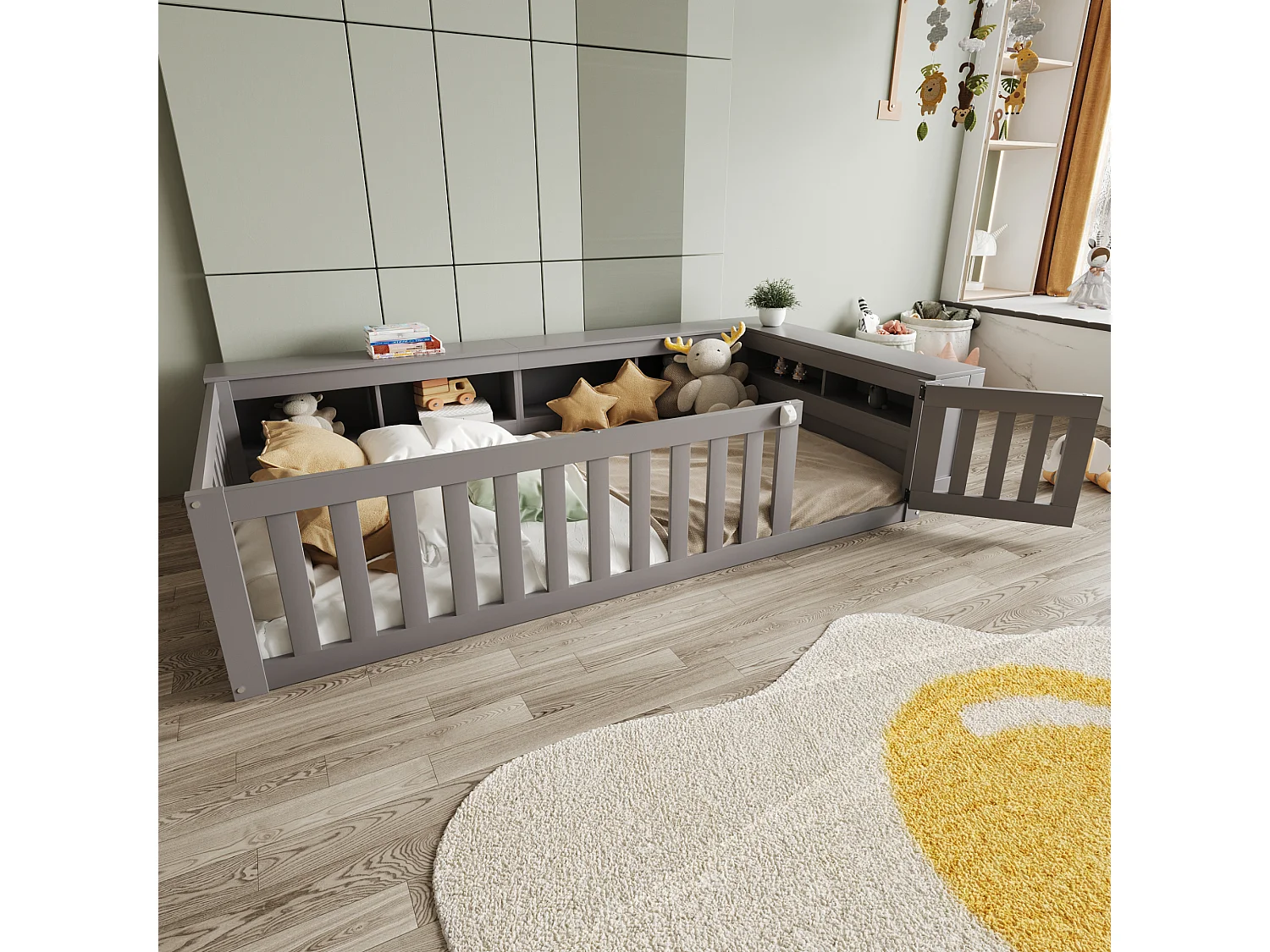 Kinderbed 90x200 cm - met opbergruimte - met deurtje - met lattenbodem - grijs (zonder matras)