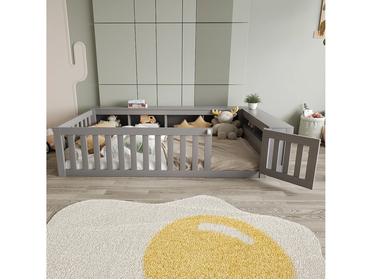 Kinderbed 90x200 cm - met opbergruimte - met deurtje - met lattenbodem - grijs (zonder matras)