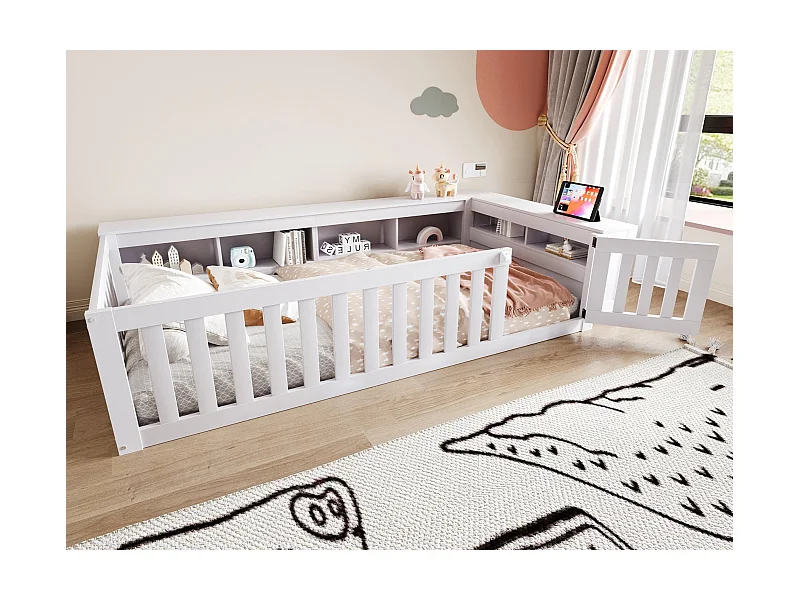 Lit bébé 90 x 200 cm - avec rangement - avec porte - avec sommier à lattes - blanc (matelas non inclus)