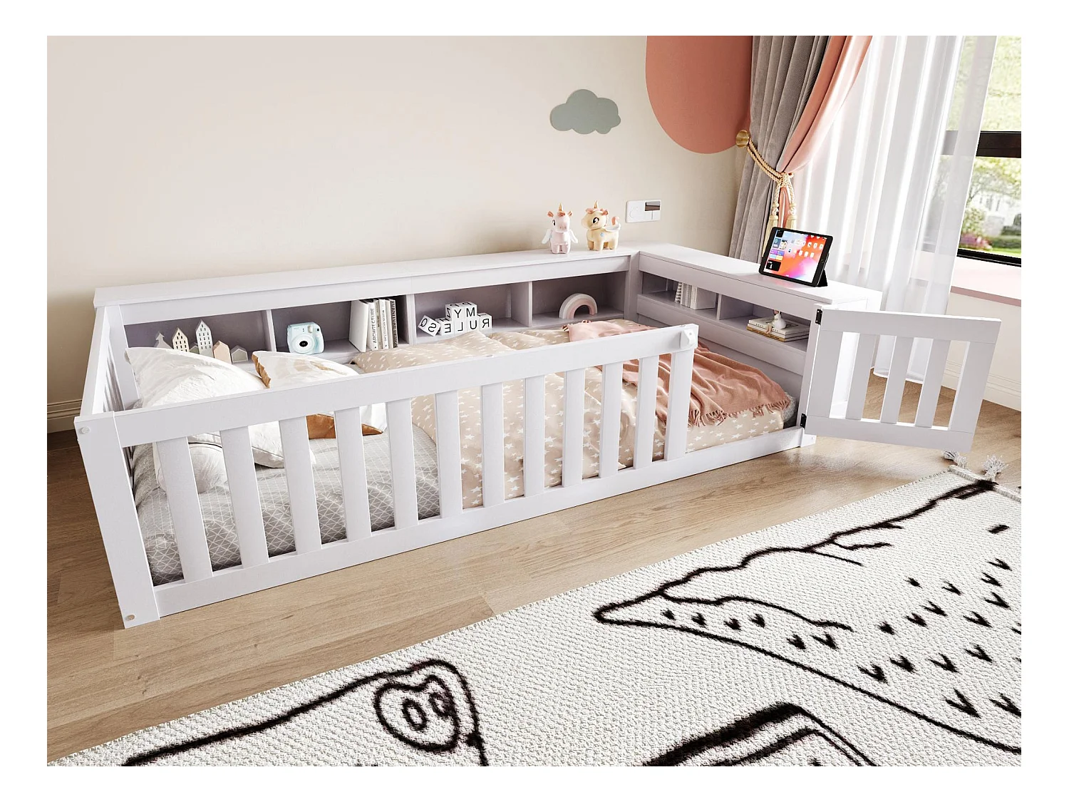 Lit bébé 90 x 200 cm - avec rangement - avec porte - avec sommier à lattes - blanc (matelas non inclus)