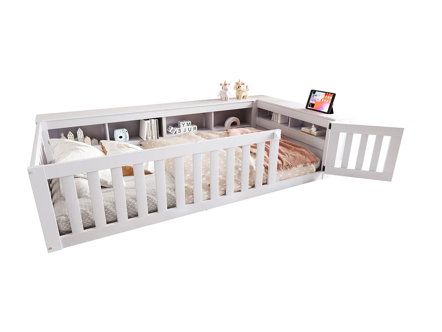 Kinderbed 90x200 cm - met opbergruimte - met deurtje - met lattenbodem - wit (zonder matras)