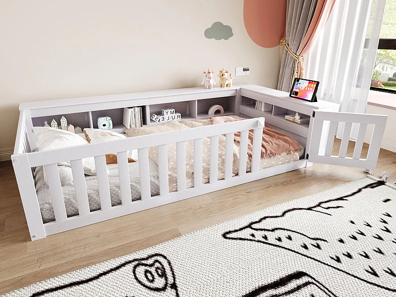 Cuna bebé 90x200 cm - con almacenamiento - con puerta - con somier de láminas - blanco (colchón no incluido)